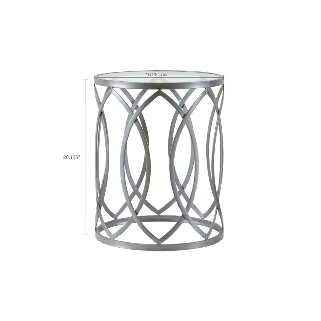 Glass Top Hollow Round Accent Table, Silver