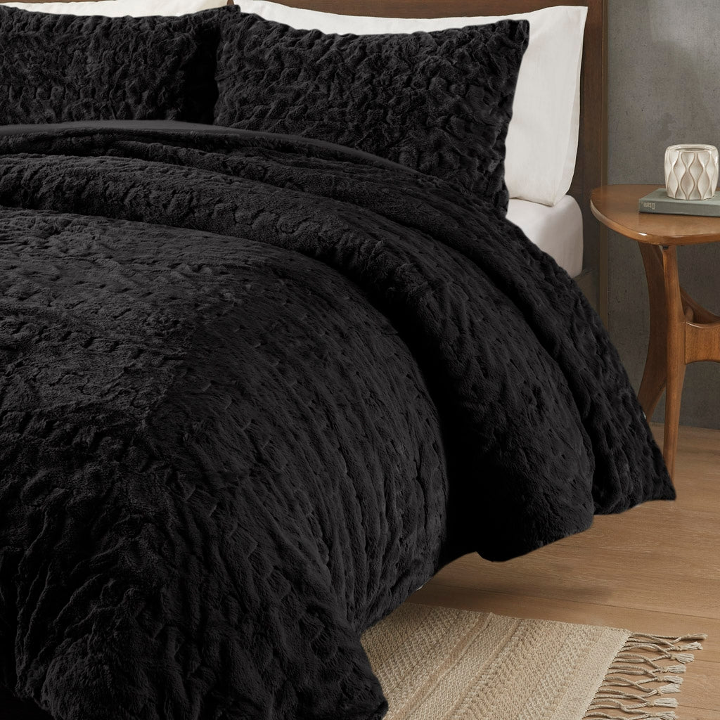 Ruched Faux Fur All-Season Comforter Set, Black