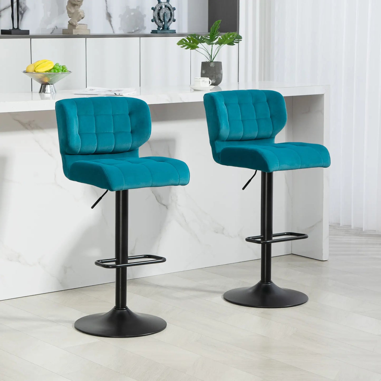 Swivel Tufted Velvet-feel Fabric Barstools Set of 2, Height Adjustable with Footrest Blue