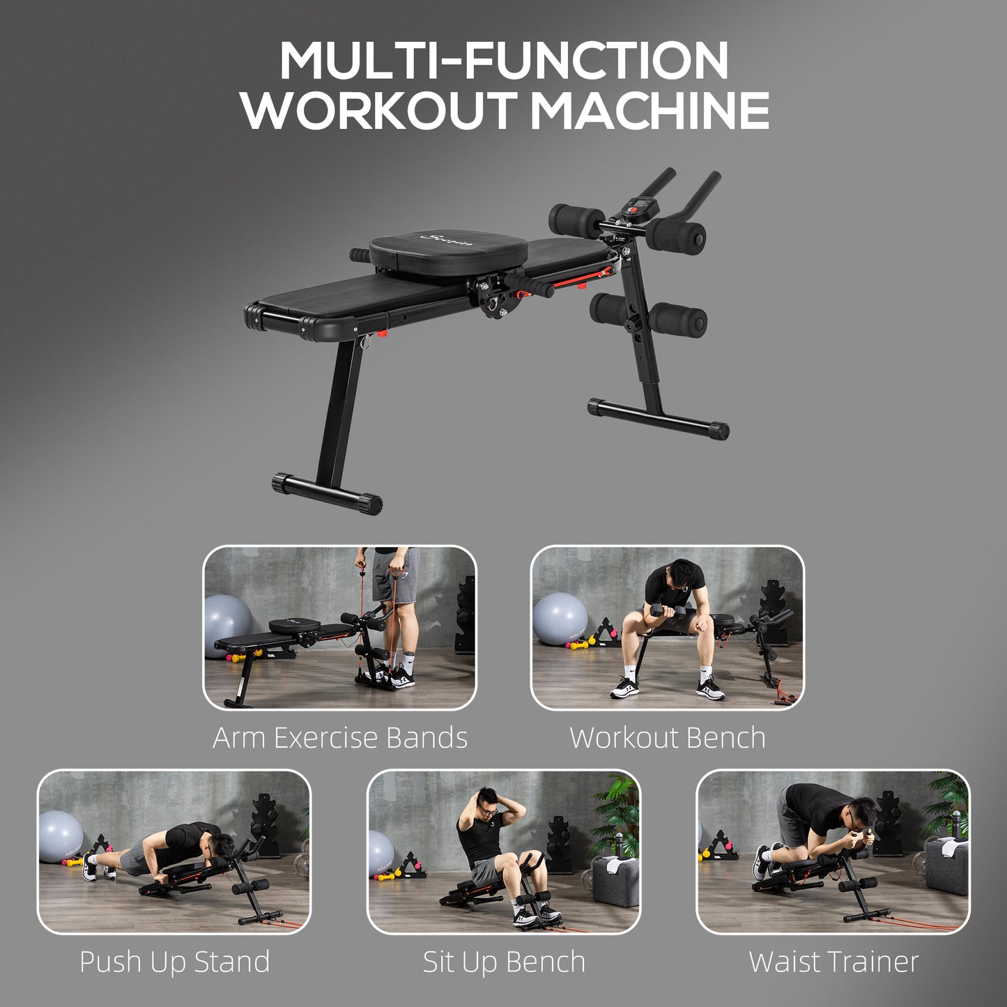 Multi-Workout Ab Machine Foldable Ab Workout Equipment Sit Up Bench Side Shaper Abdominal Cruncher with Resistance Bands & LCD Display for Core, Leg, Arm, Buttocks Shaper