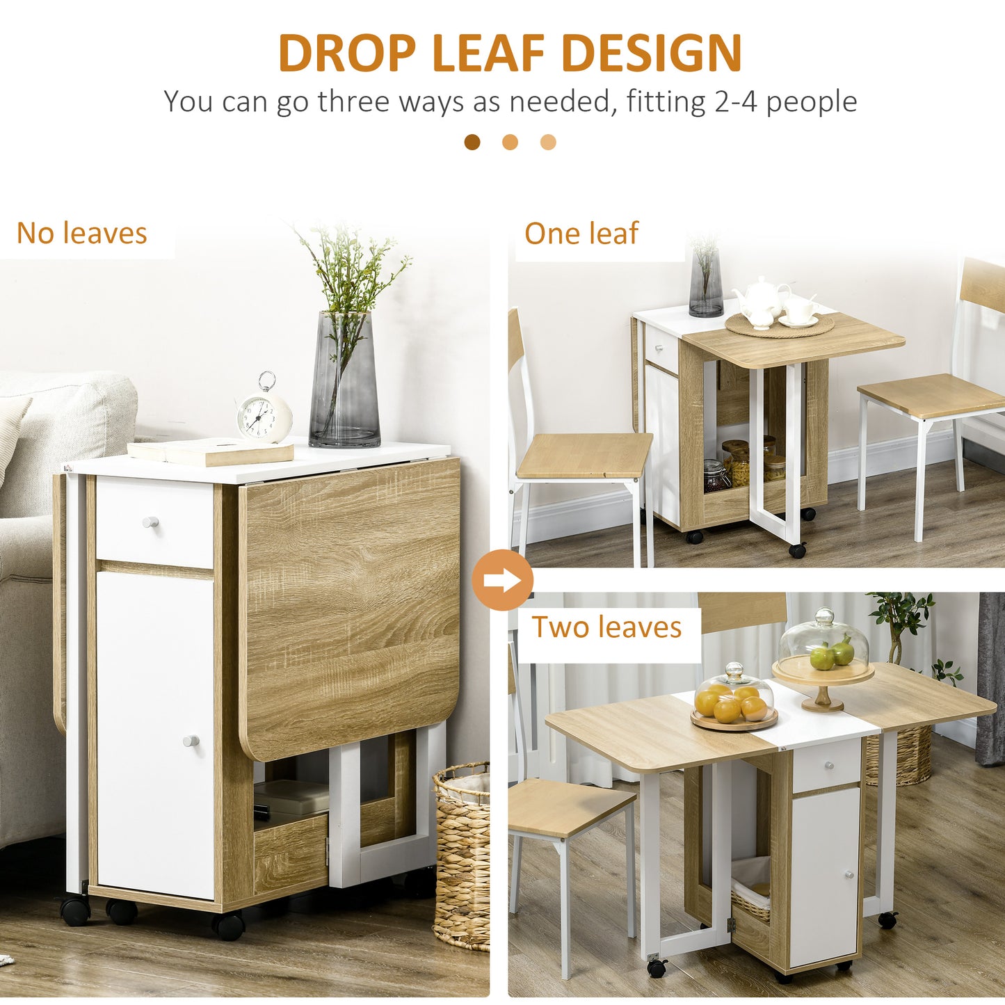 Foldable Dining Table, Movable Drop Leaf Table for Small Spaces with 2 Drawers