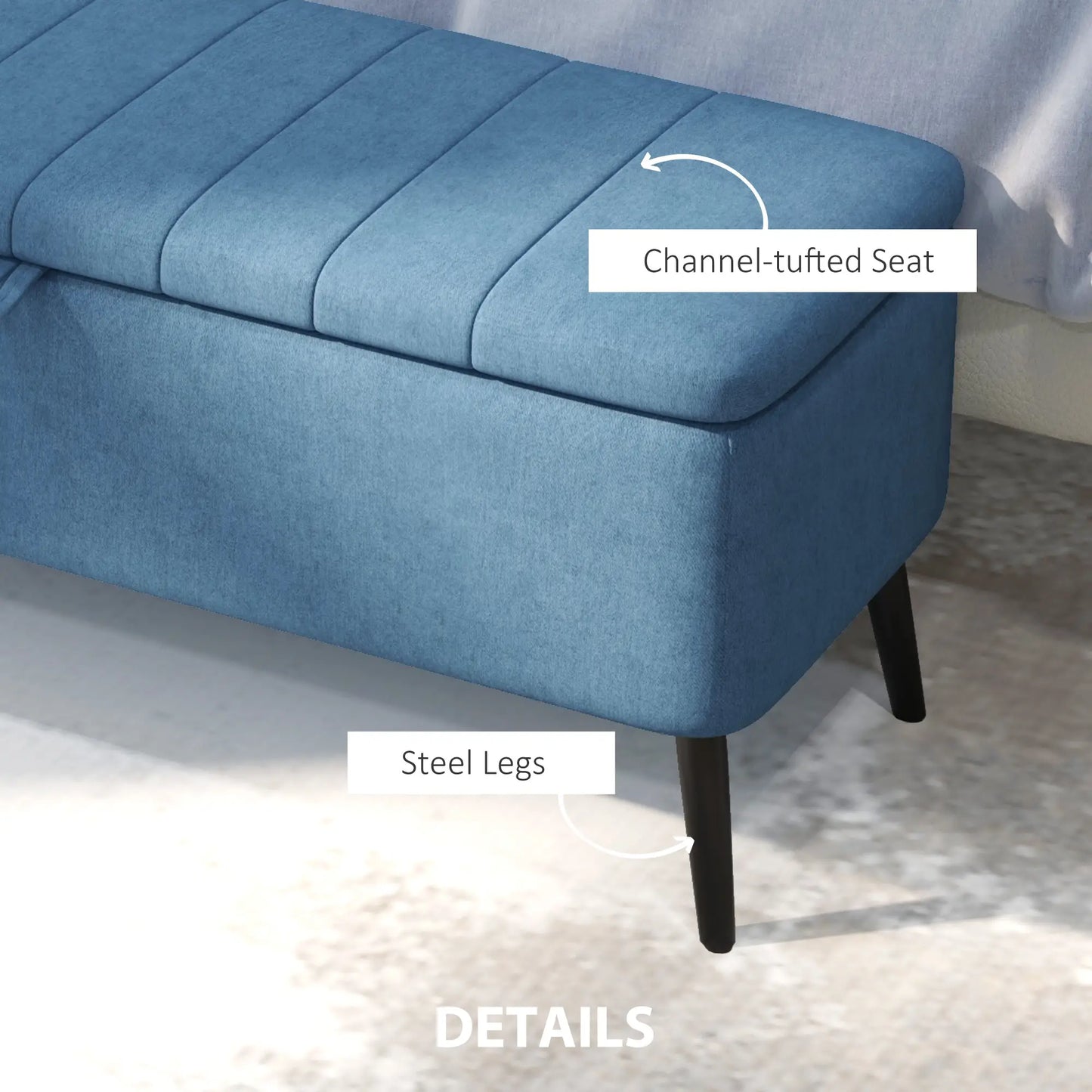 40" Ottoman Bench with Storage, Linen Upholstered with Steel Legs for Living Room, Bedroom in Blue