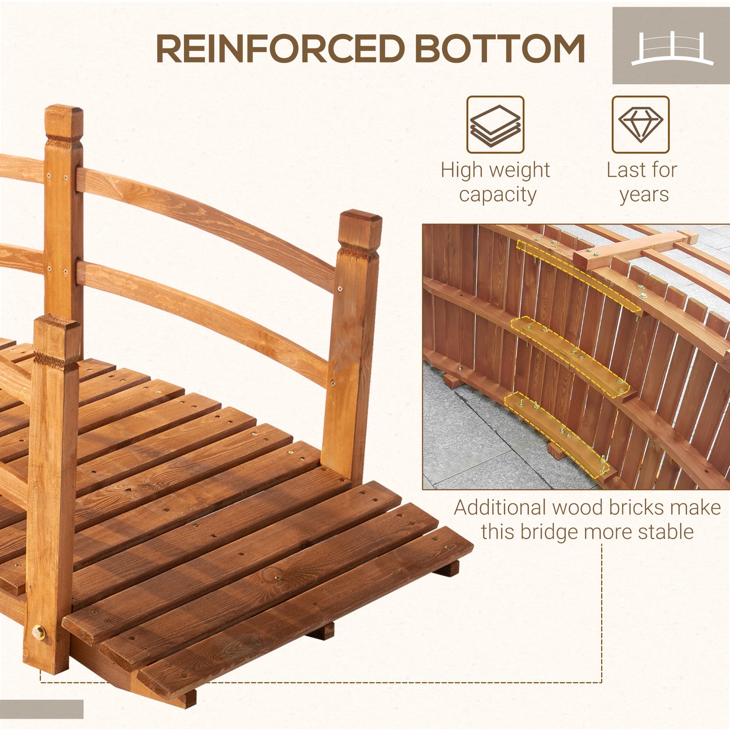 5FT Wooden Garden Bridge Classic Arc Footbridge with Guardrails for Stream Pond Walkway, Orange