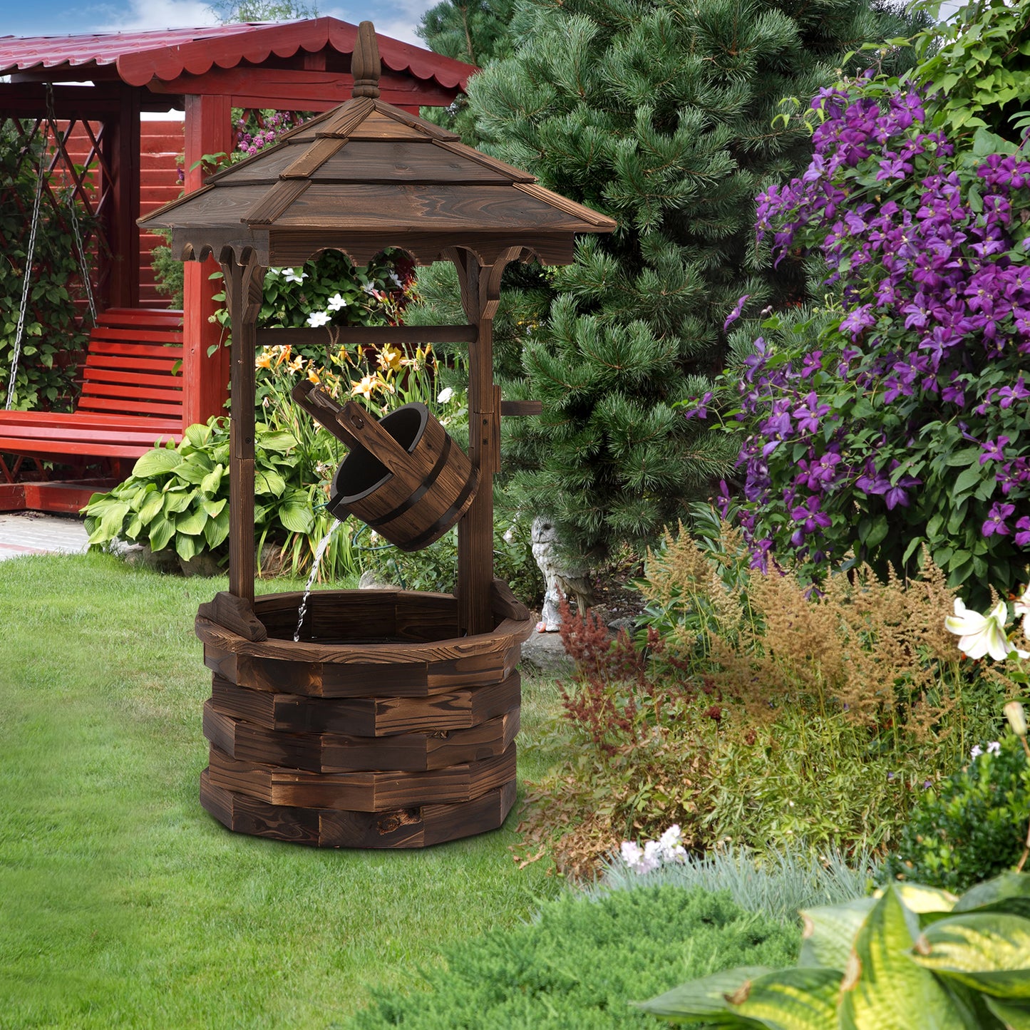 Barrel Waterfall Fountain Rustic Wood w/Pump Garden Decor