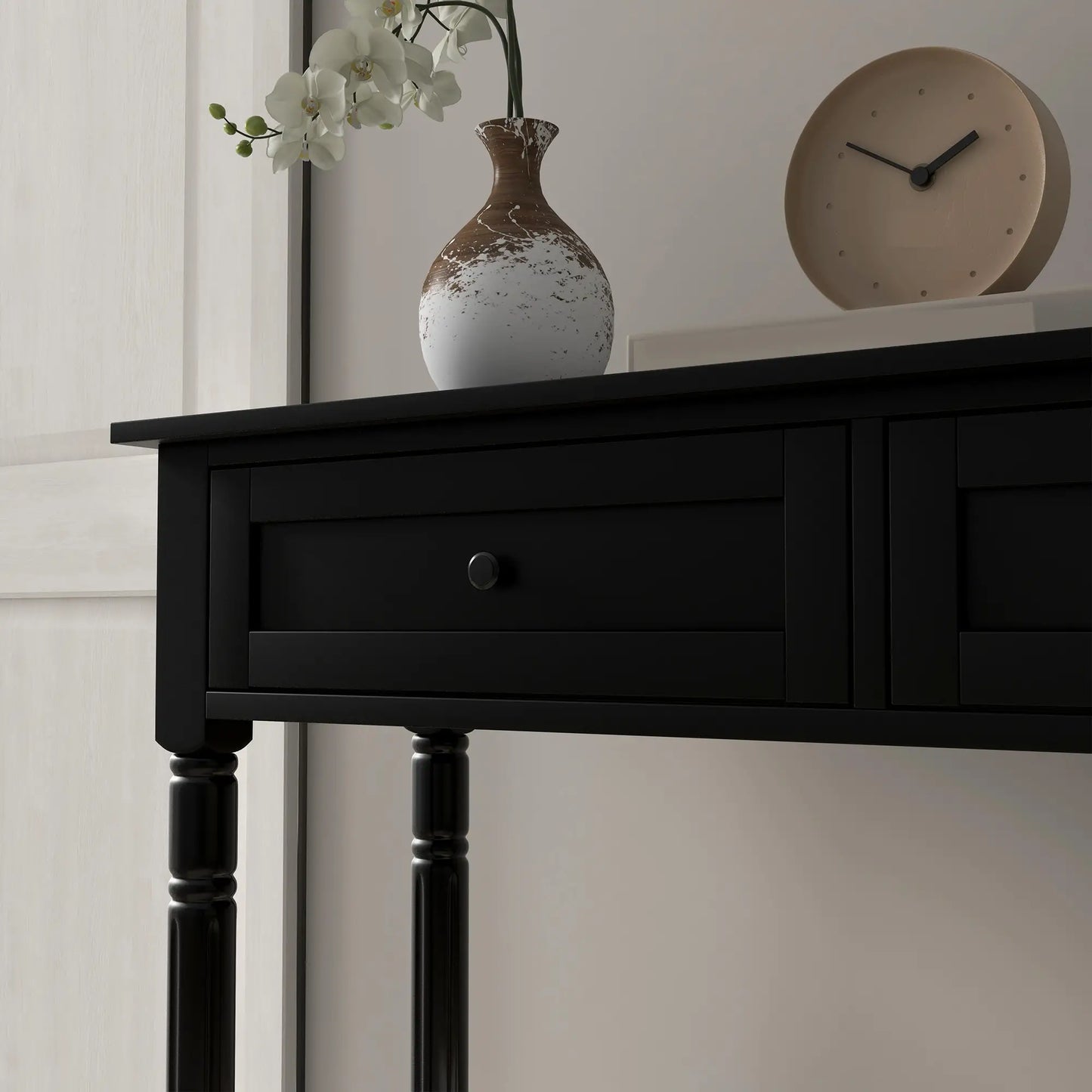 Modern Entryway Table with 2 Drawers, Storage Shelf and Turned Legs in Black