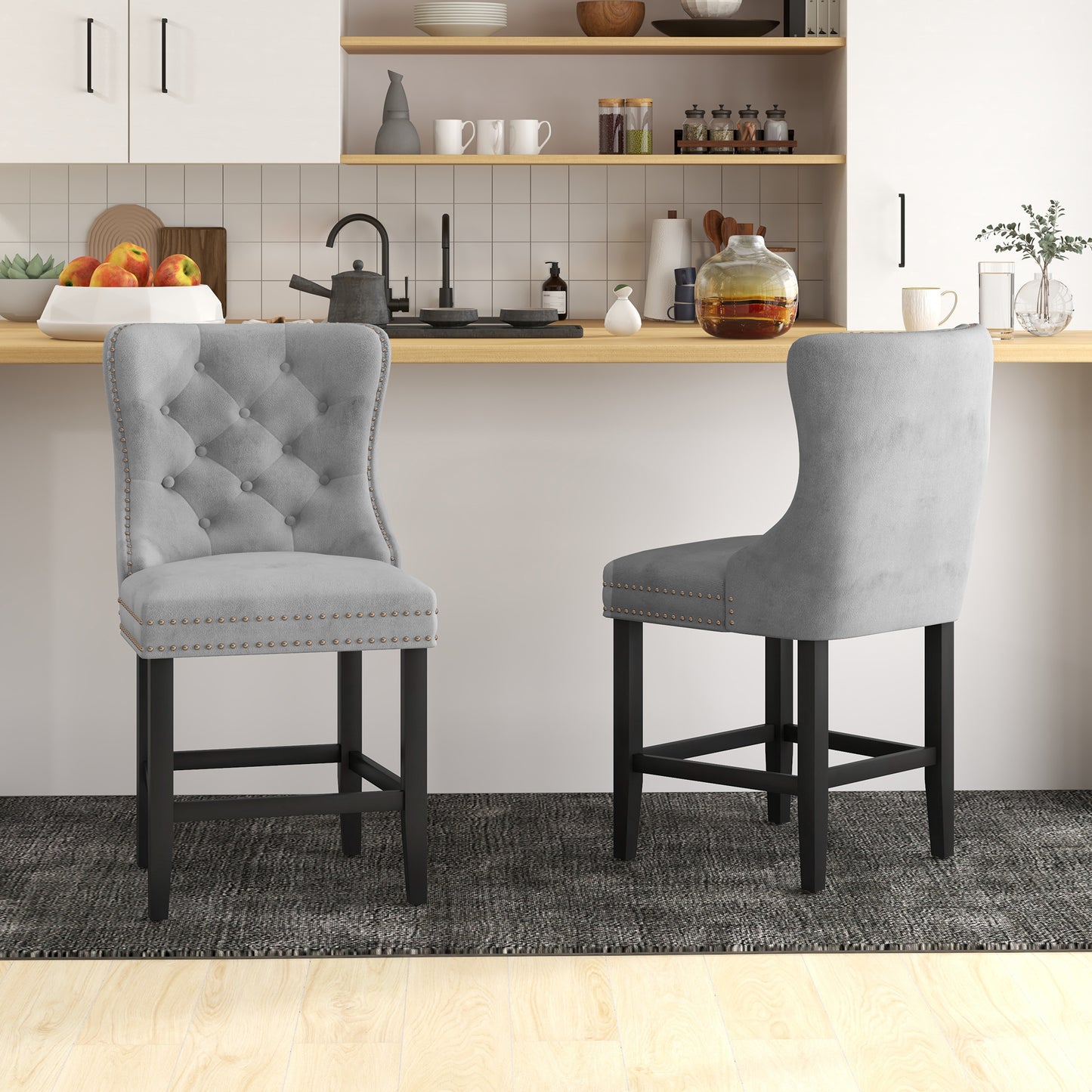 Upholstered Fabric Bar Stool Set of 2, Button Tufted 25.6" Seat Height Counter Chairs with Back & Wood Legs, Grey