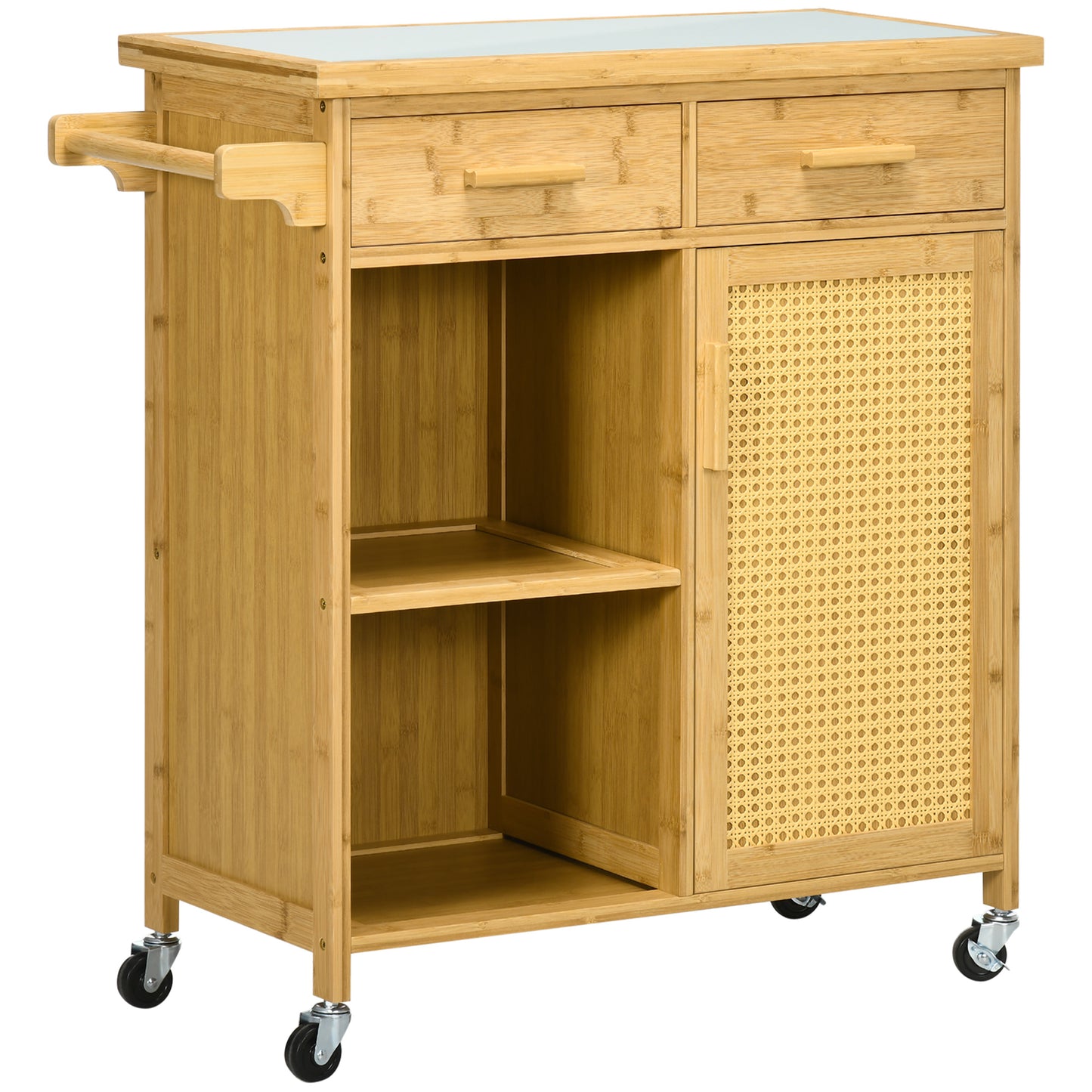 Bamboo Kitchen Island on Wheels, Rolling Kitchen Cart with Stainless Steel Top, 2 Drawers, Towel Racks, Open Compartments, Rattan Door Cabinet, Natural