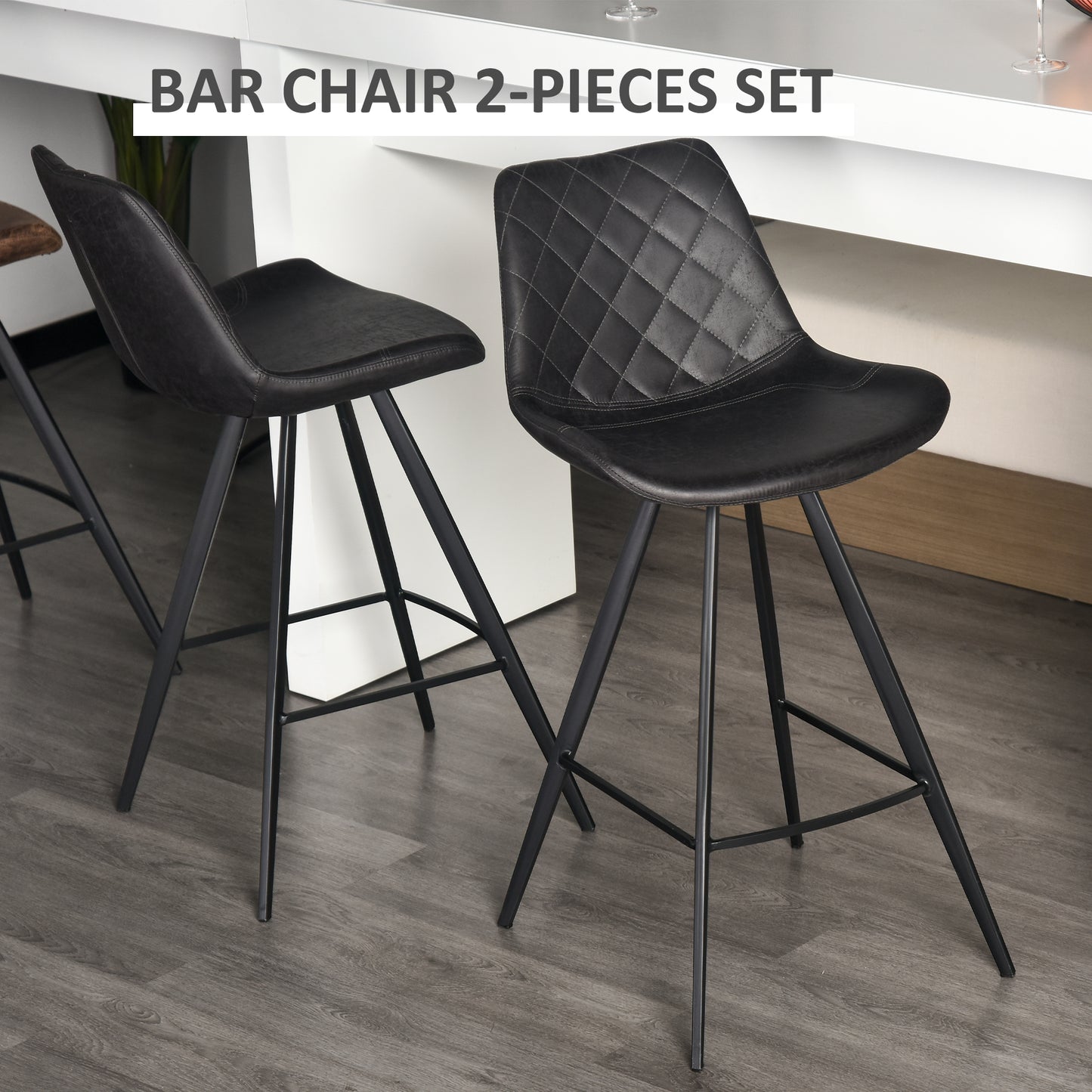 Set of 2 Microfiber Cloth Bar Stools, Multi-functional Kitchen Stools, Bar Chair with Metal Leg Padded Cushion Seat for Dining, Black