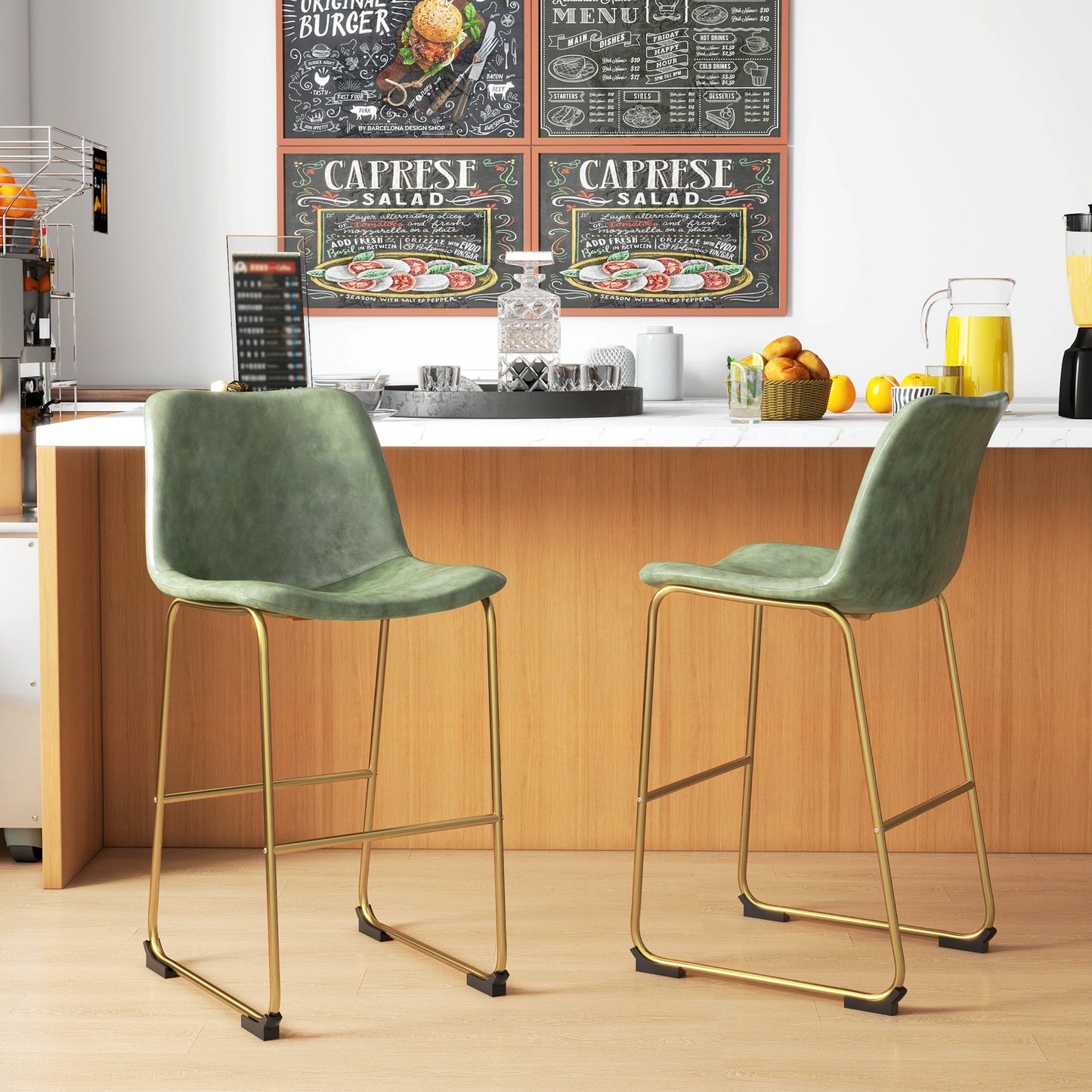 Bar Height Stools Set of 2, PU Leather Upholstered Stools for Kitchen Island, Modern Bar Chairs, Dark Green