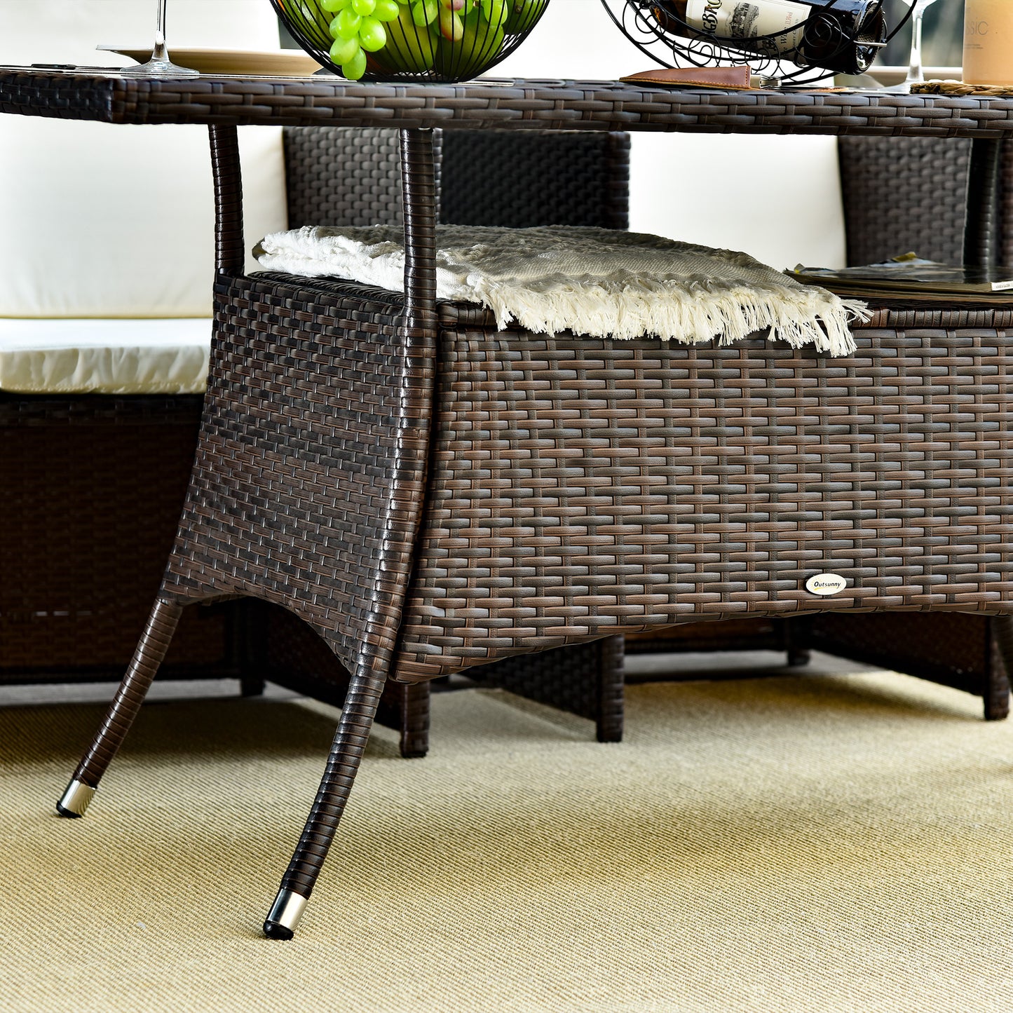 Garden Dining Table, Rattan with Glass Top, Storage Shelf , 59" x 34" x 29", Brown