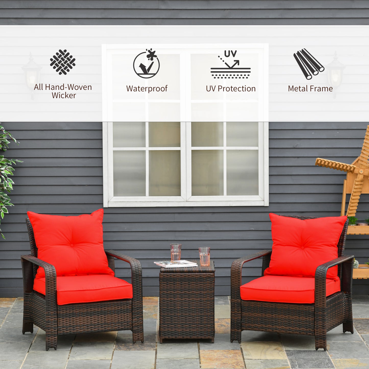 3 Pieces Patio Bistro Set with 2 Padded Chairs and 1 Storage Side Table, PE Rattan Garden Sofa Set with Removable Cushion Cover, Red