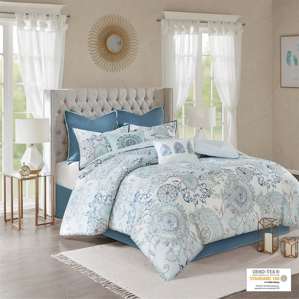 8 PC Boho Botanical Comforter/Duvet Cover Set, Blue