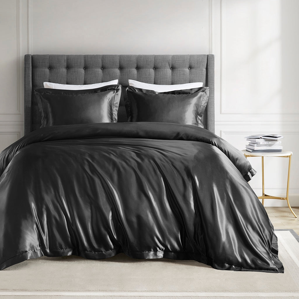 4 Piece Solid Satin Comforter Set, Black (Full/Queen)