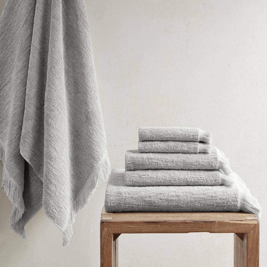 Terry Cotton 630gsm Fringed 6-Piece Towel Set, Light Gray