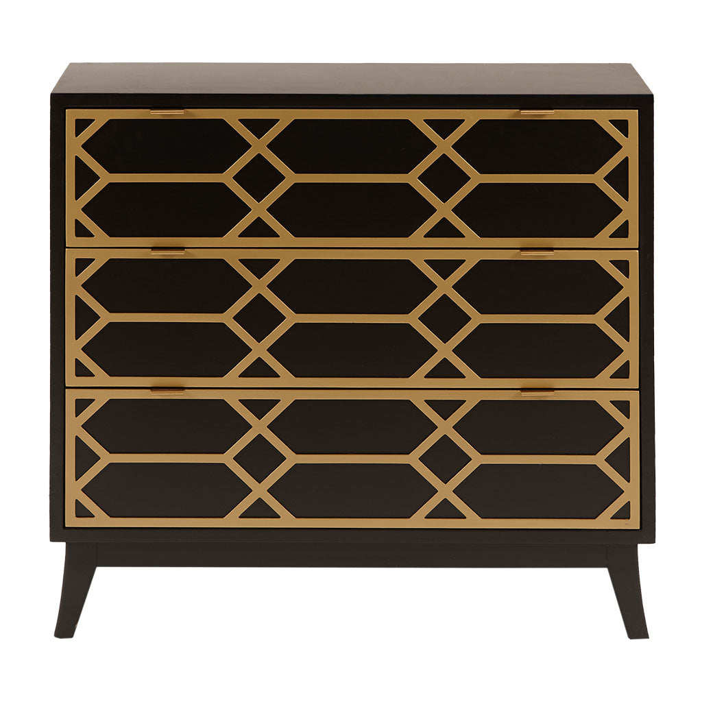 Gold Lattice 3-Drawer Chest, Black