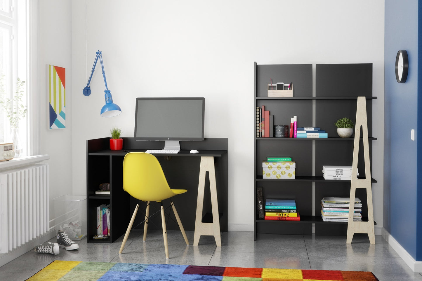 Nexera Atypik Bookcase, Black and Birch Plywood