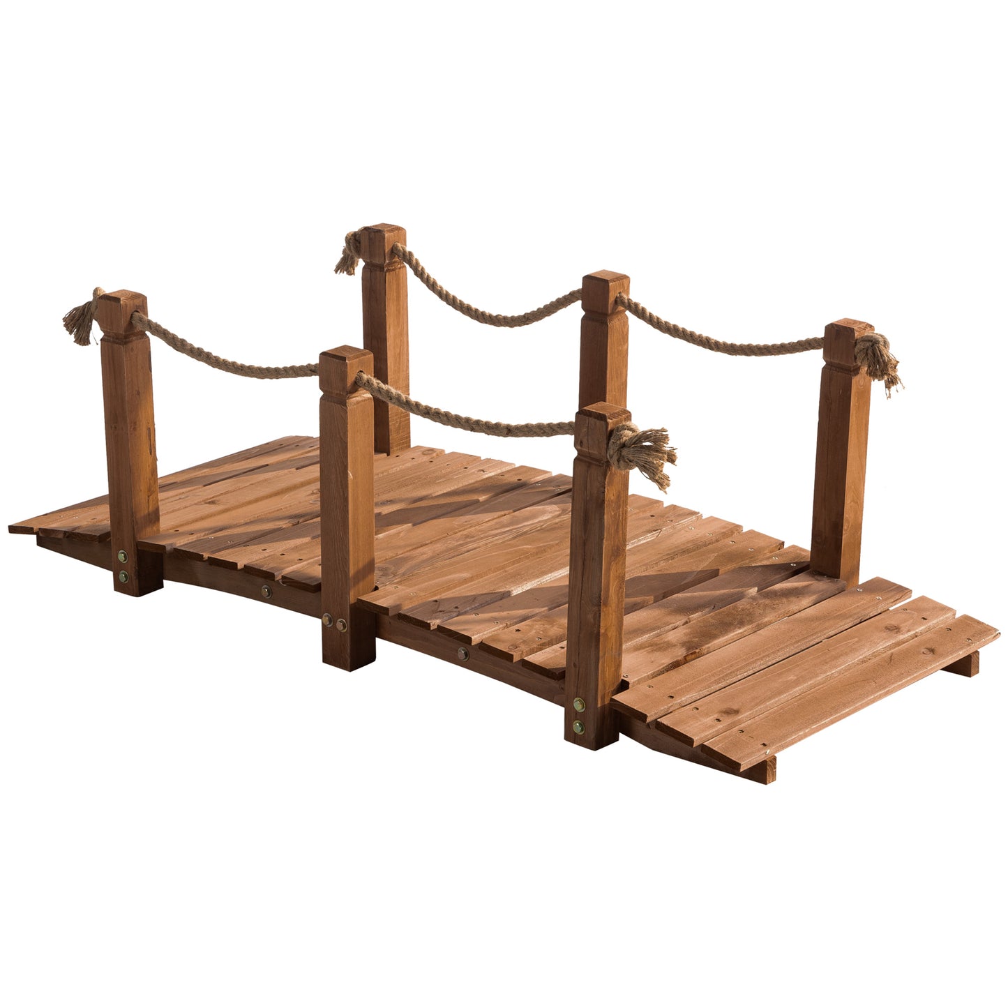 5FT Wooden Garden Bridge Outdoor Decorative Arc Footbridge with Hemp Rope Railings & Solid Fir Construction, Orange