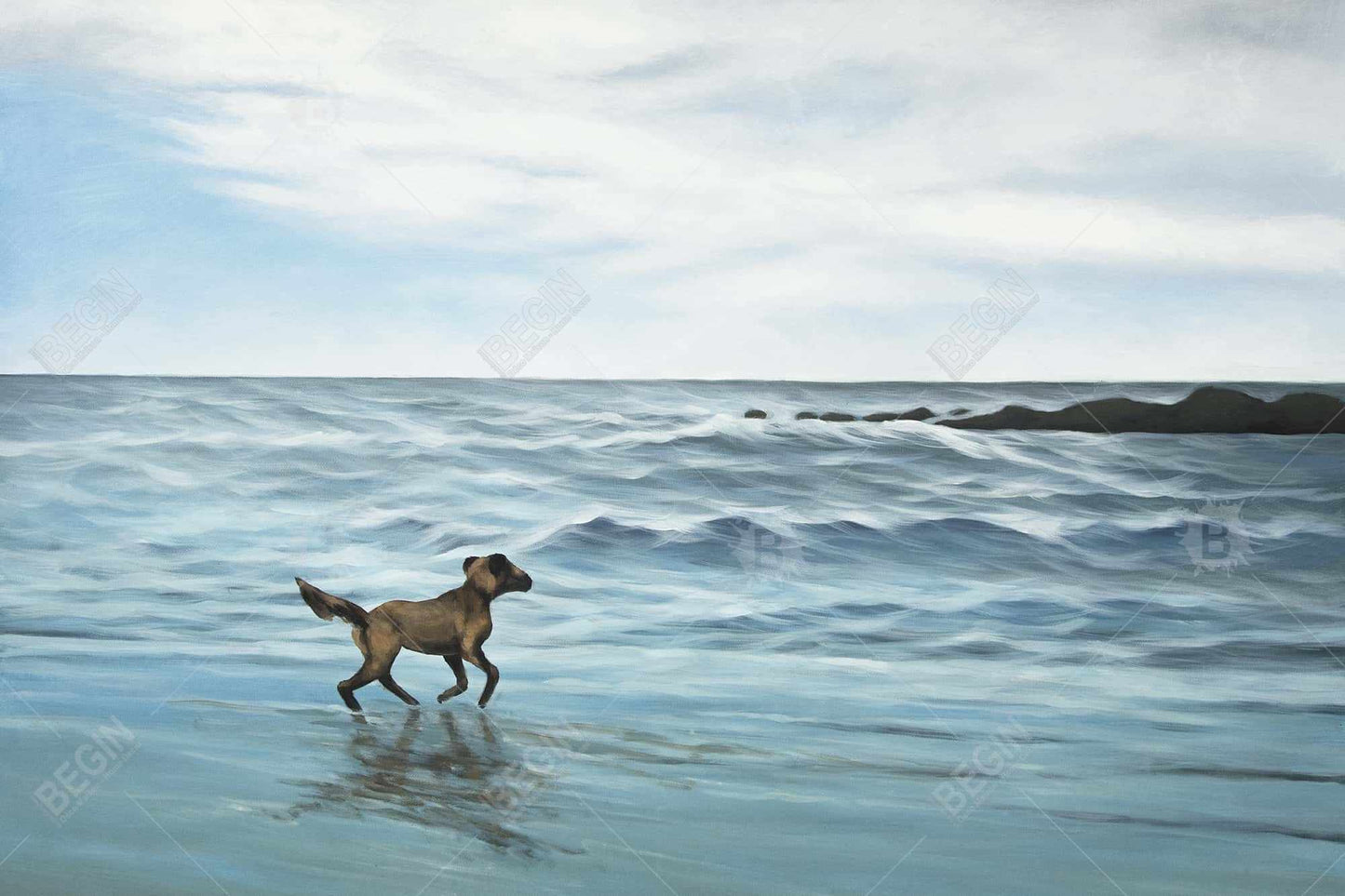 Dog On the Beach | Framed Print On Canvas 24" X 36"