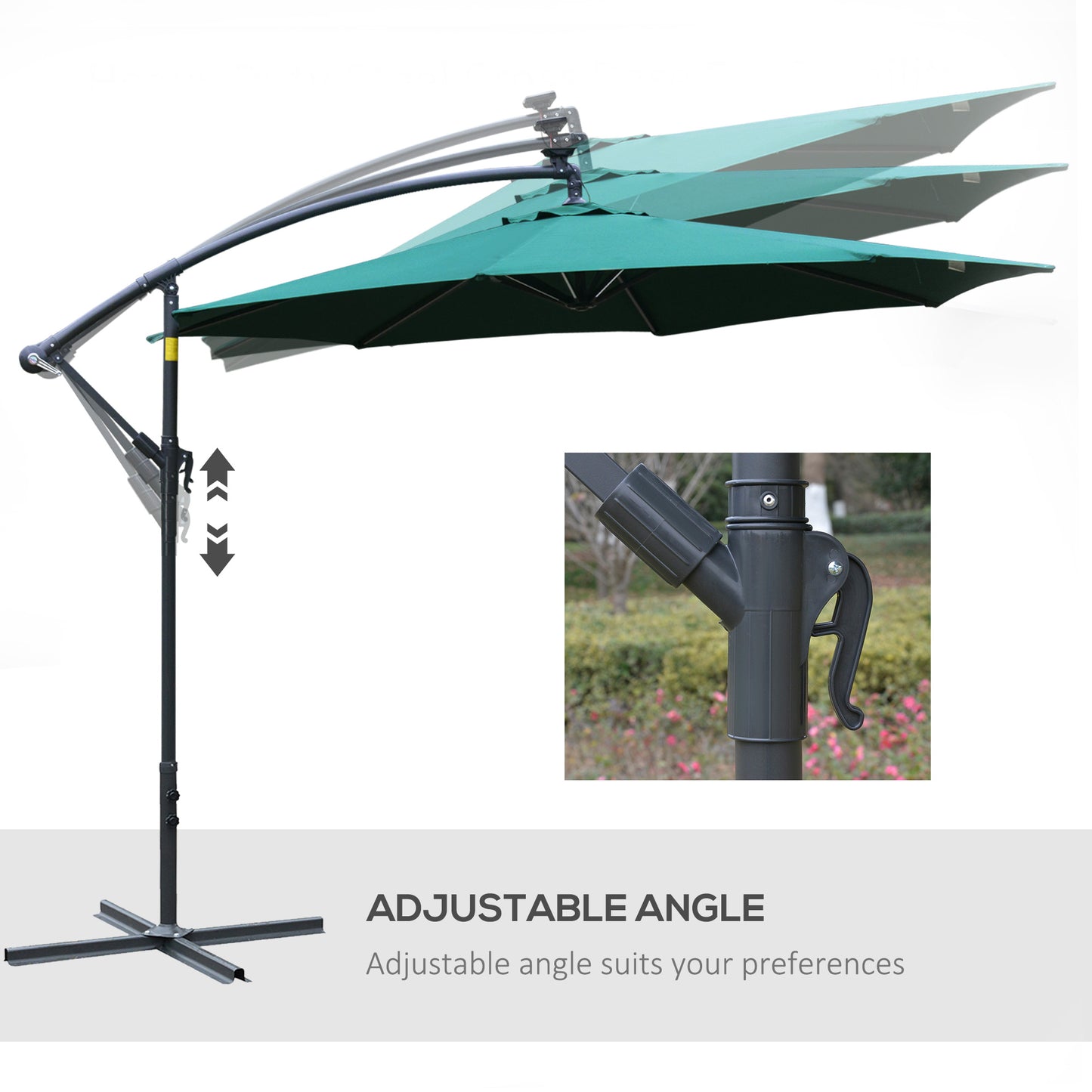 10ft Cantilever Solar Hanging Offset Umbrella Outdoor LED Lights Aluminum Market Banana Parasol Crank w/ Cross Base Garden Sun Shelter Green