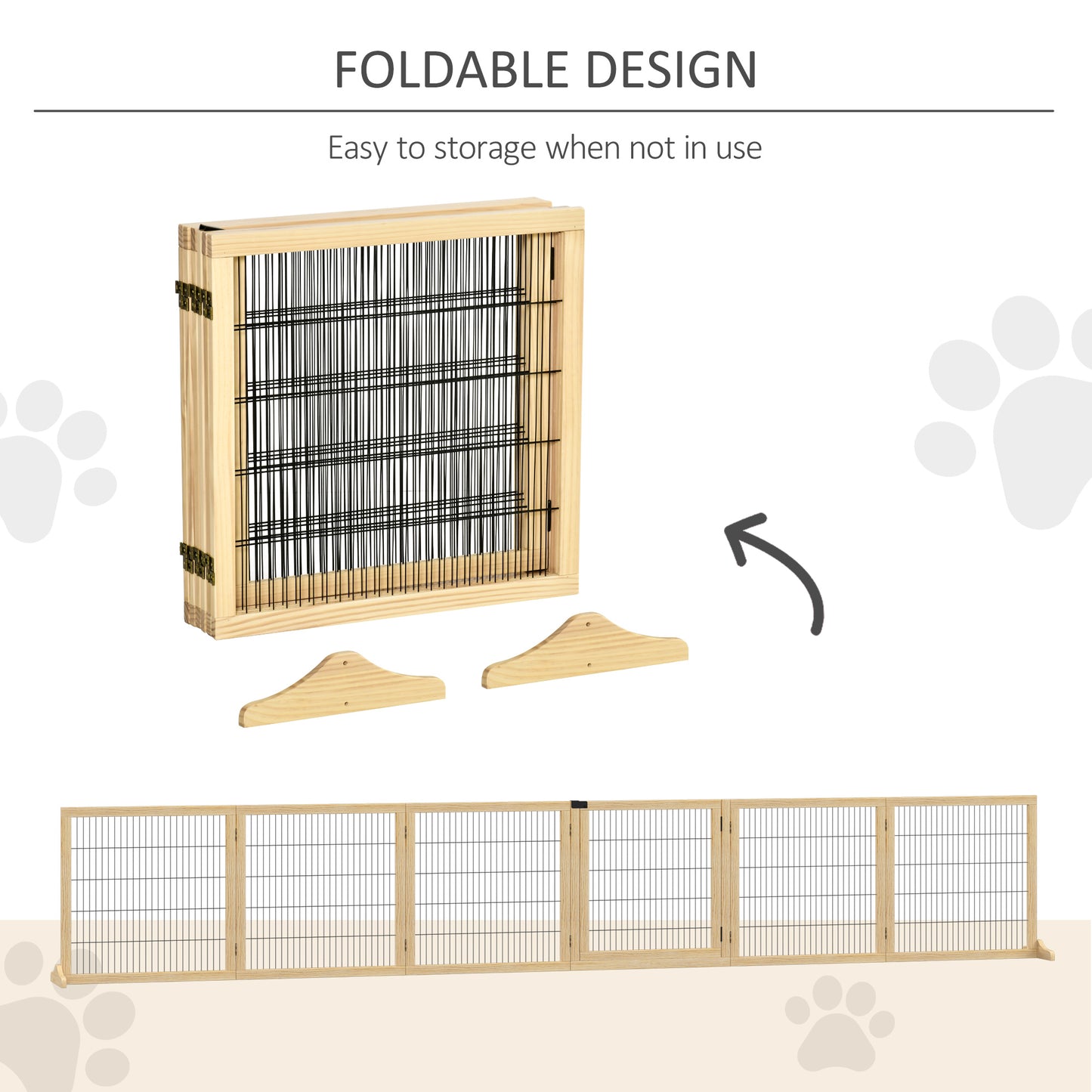 PawHut Wooden Pet Gate, Dog Safety Barrier, Freestanding Foldable Fence, w/ 6 Panels, 2 Support Feet, for House Doorway Stairs, Small & Medium Dogs, Natural Wood