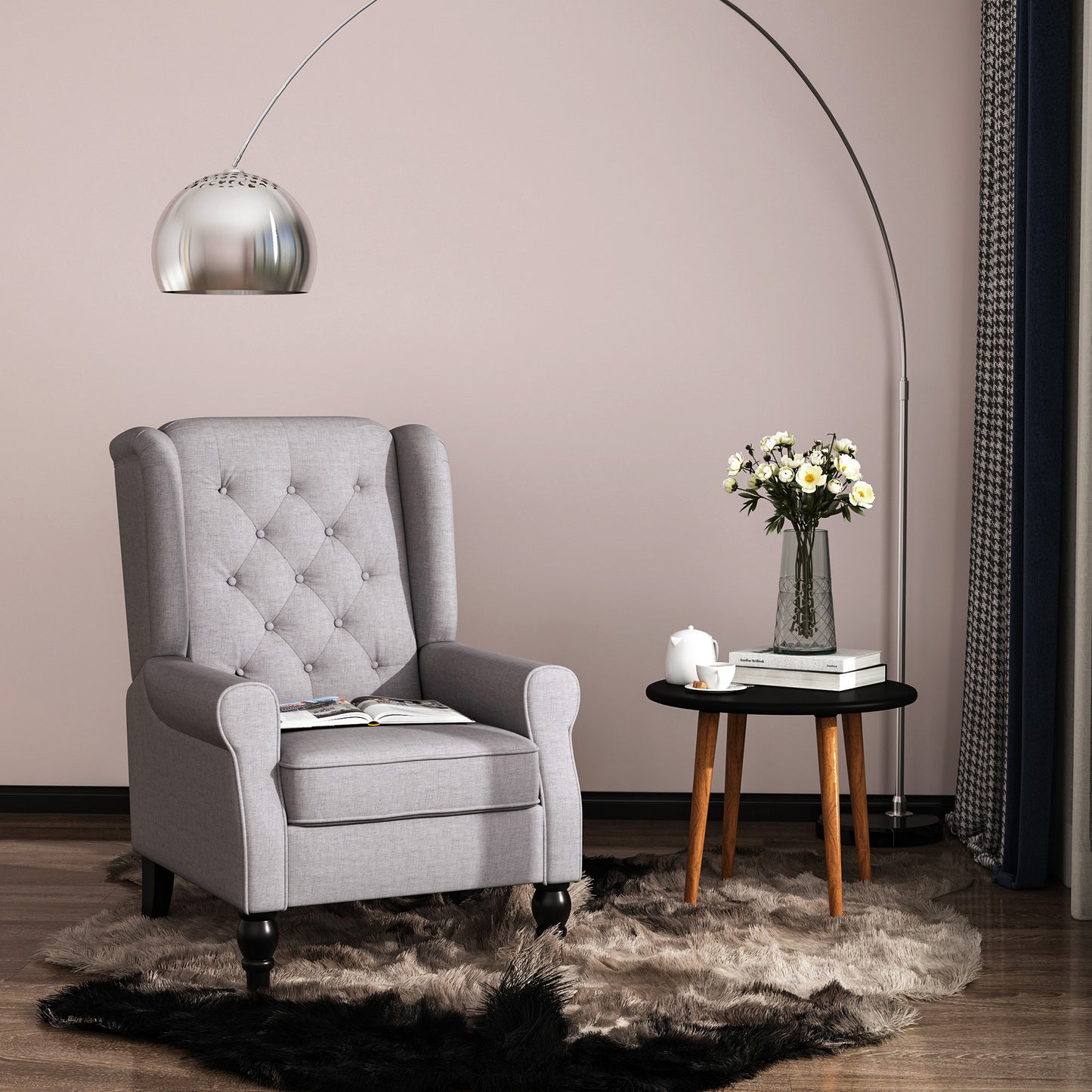 Button-Tufted Accent Chair with High Wing Back, Rounded Cushioned Armrests and Thick Padded Seat, Gray