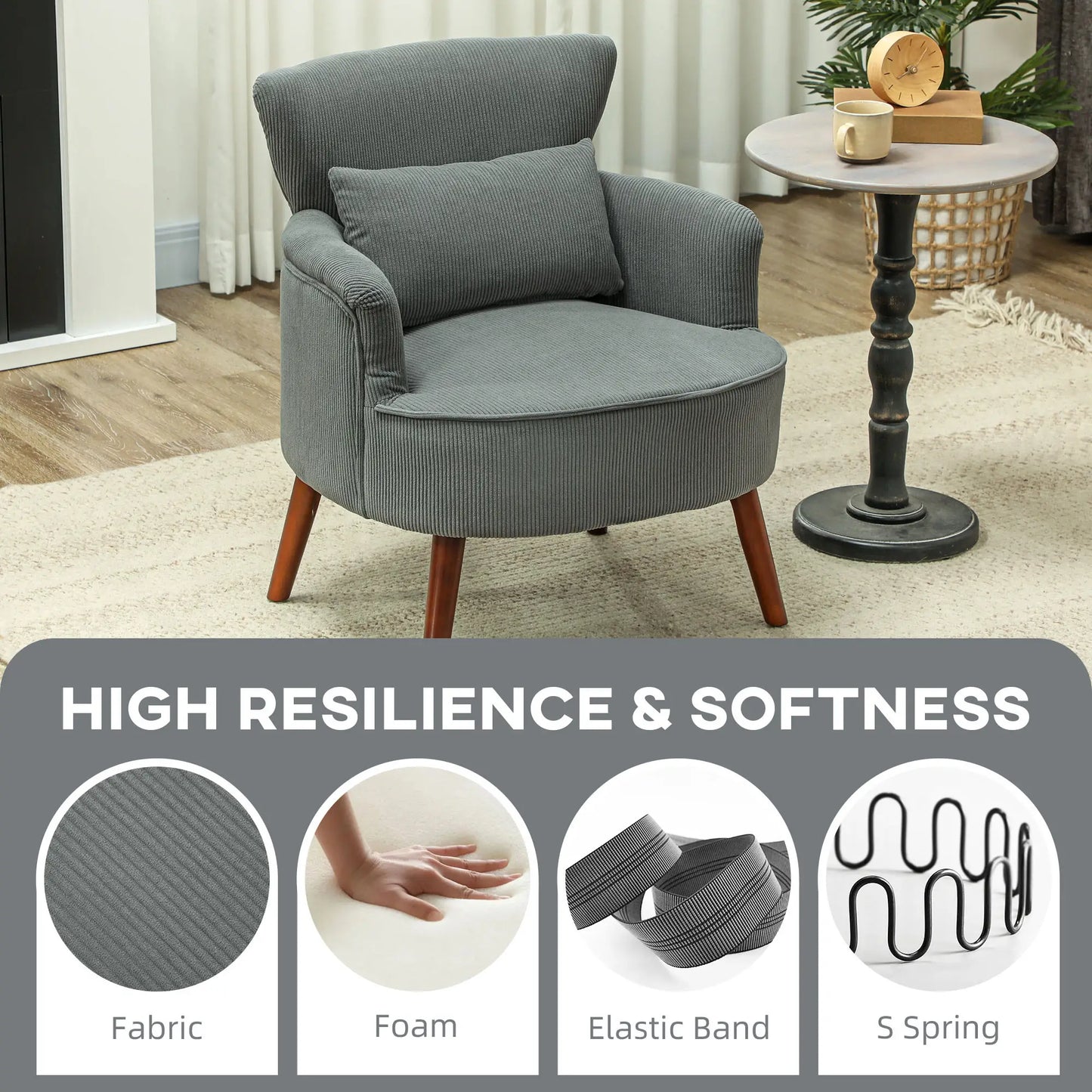 Modern Accent Chair with Solid Wood Legs and Lumbar Pillow for, Grey