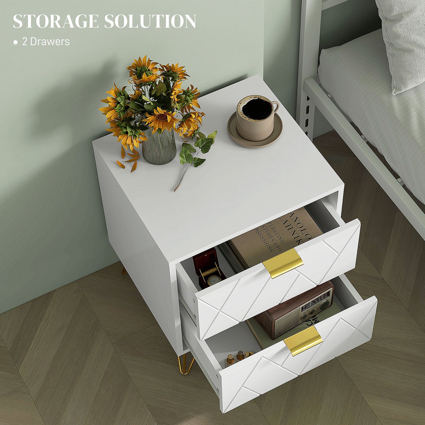 Modern Bedside Table, Accent Nightstand with 2 Drawers, Bed End Table for Bedroom, Living Room, White (1 Pc)