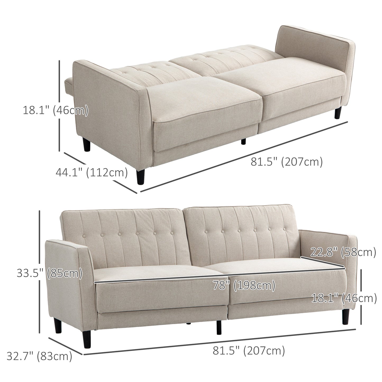 Pull Out Sofa Bed, Button Tufted Fabric Convertible Bed Couch with Adjustable Back, for Living Room, Beige