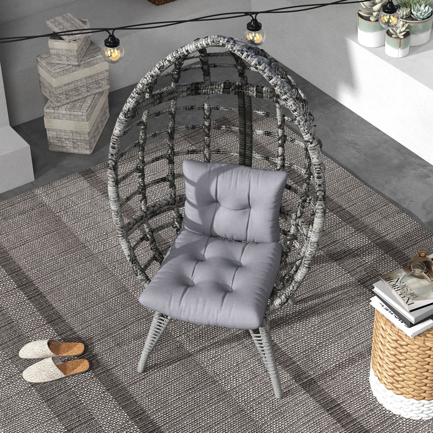 Outsunny Outdoor Egg Chair with Soft Cushion, Patio PE Rattan Wicker Balcony Chair with Height Adjustable Knob, 352lbs Capacity, for Backyard, Garden, Balcony, Lawn, Light Grey