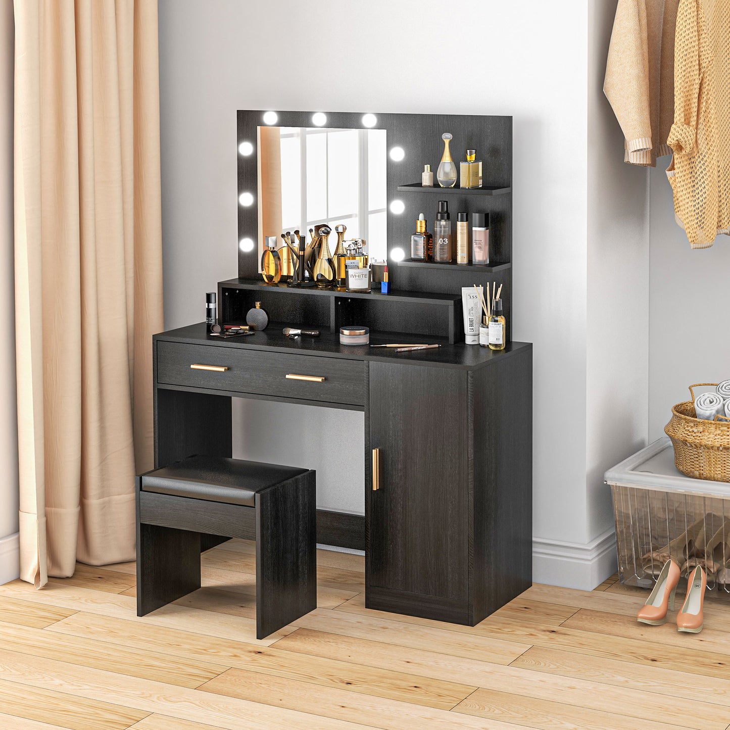 Illuminated Dressing Table Set, LED Vanity Table Set with Stool, LED Mirror, Drawer and Cabinet Shelves for Bedroom