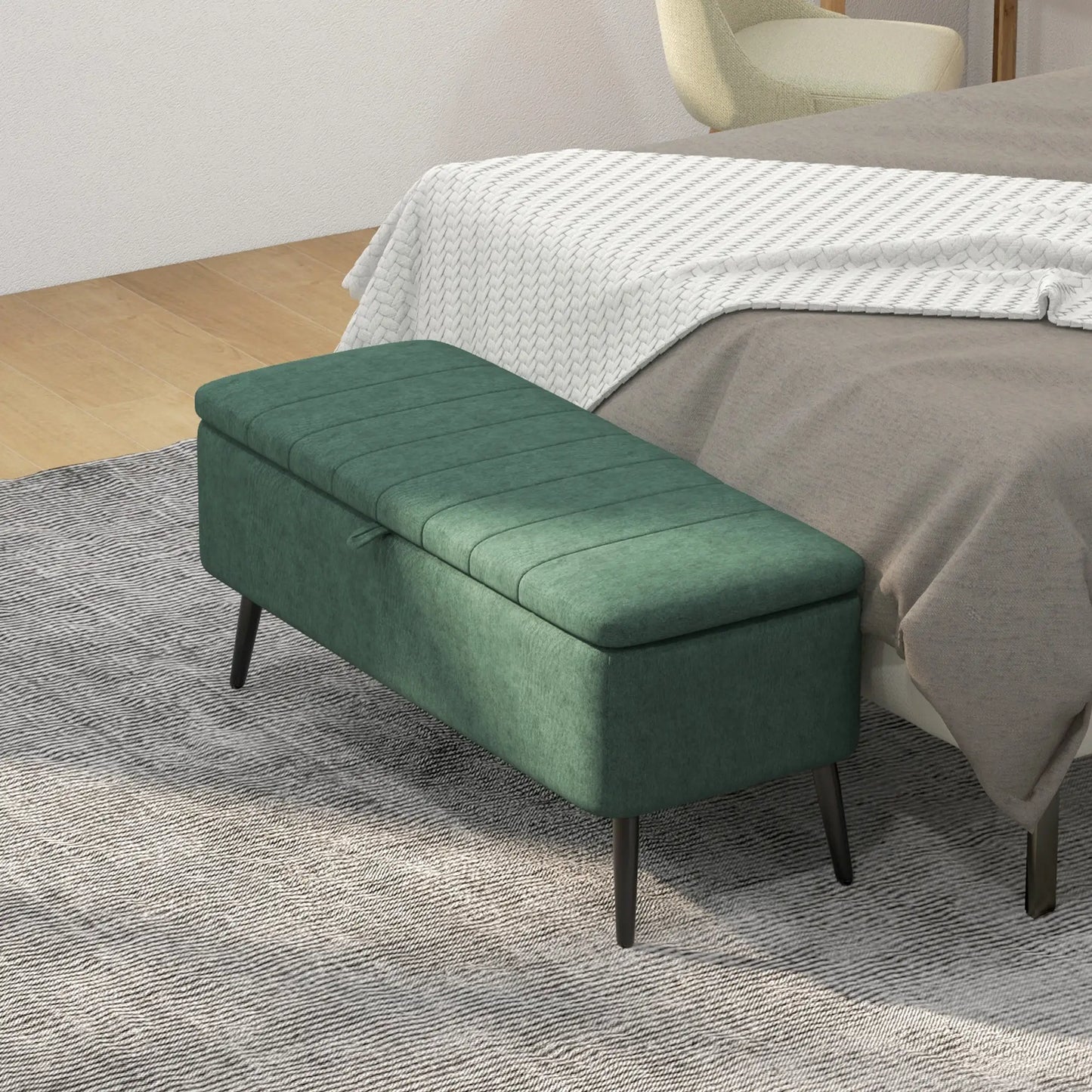 40" Ottoman Bench with Storage, Linen Upholstered with Steel Legs for Living Room, Bedroom Dark Green