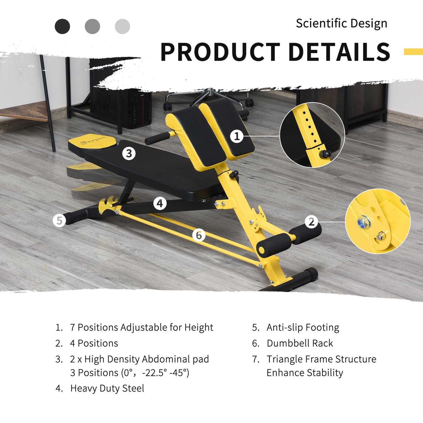 Adjustable Weight Bench Roman Chair Exercise Training Multi-Functional Hyper Extension Bench Dumbbell Bench Ab Sit up Decline Flat Black and Yellow