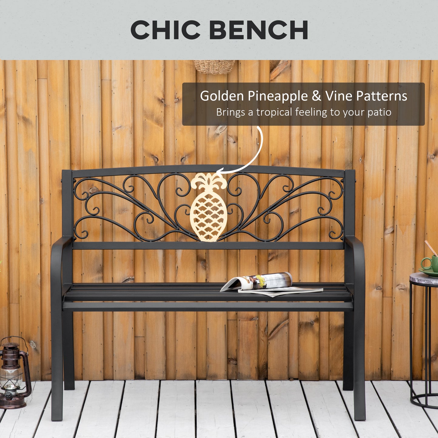 Outsunny 2 Seater Garden Bench 45" x 21.75" x 35.5" Steel Frame Loveseat for Yard, Lawn, Porch, Patio, Black and Gold