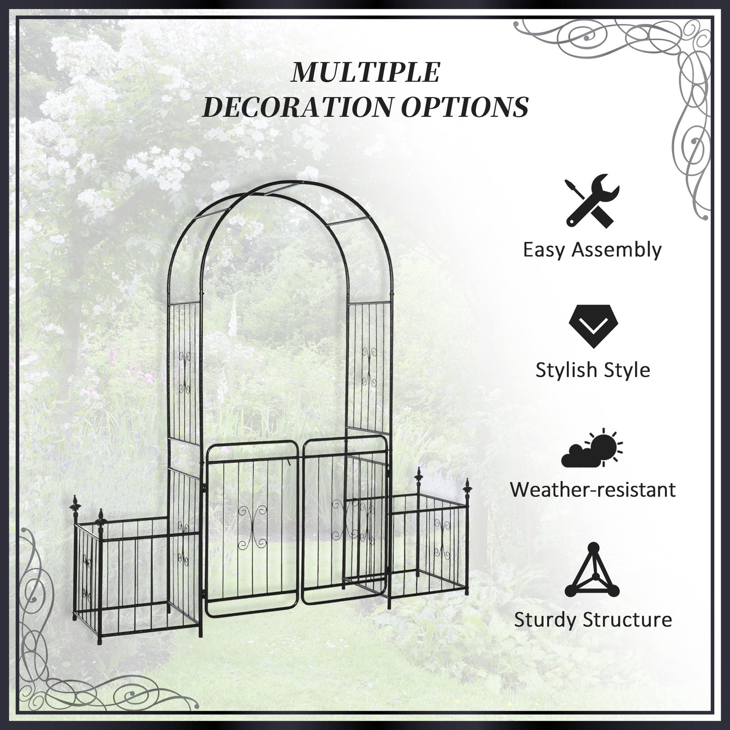 87" Metal Garden Arbor Arch with Double Doors, 2 Side Planter Baskets, Climbing Vine Frame, Black