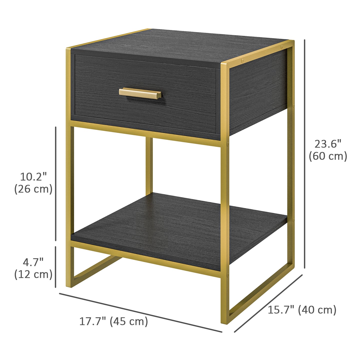 Modern Nightstand Set Of 2, with Drawer, Shelf and Steel Frame in Black