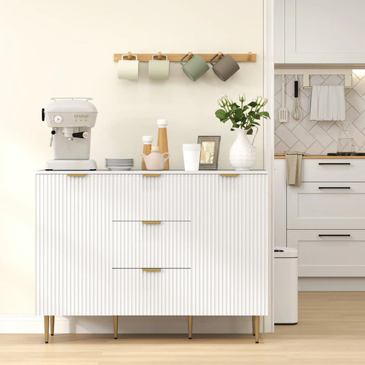 Sideboard Buffet Cabinet w/ 3 Drawers and Adjustable Shelves for Kitchen Hallway, White