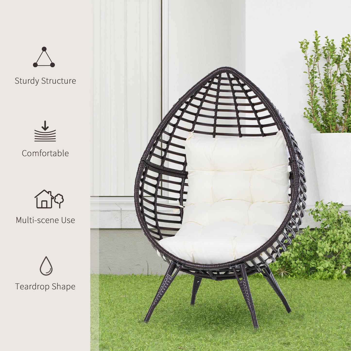 Egg Chair Rattan Wicker Lounge Chair 352lbs Capacity with Soft Cushion, Outdoor/Indoor with Height Adjustable Knob for Backyard Garden Balcony Lawn Living Room, Brown