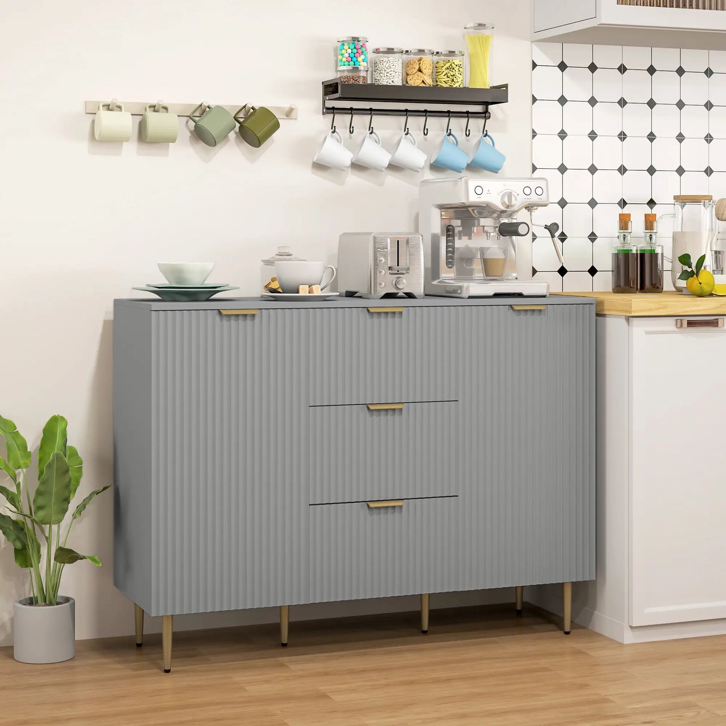 Sideboard Buffet Cabinet w/ 3 Drawers and Adjustable Shelves for Kitchen Hallway, Grey