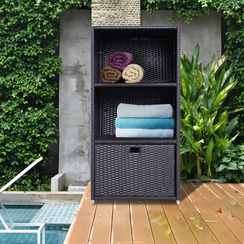 Outdoor Storage Cabinet Patio Storage Box Rack Rattan Wicker Pool Towel Valet Organizer Poolside Garden Lawn Bathroom Furniture Shelf w/2 Shelf 1 Drawer Garden, Dark Coffee