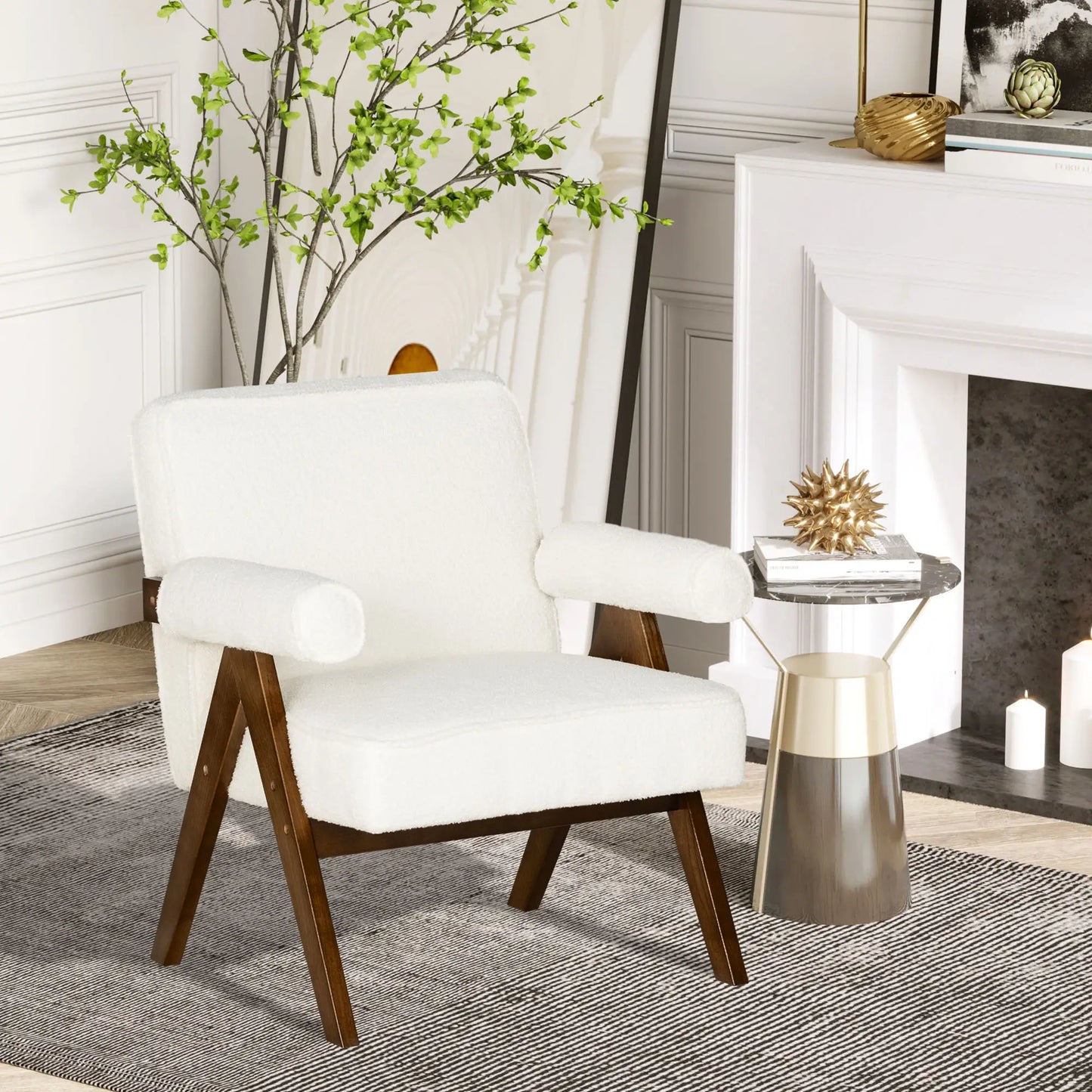 Cashmere Accent Chair Armchair with Wide Seat and Soft Padded Armrests, White