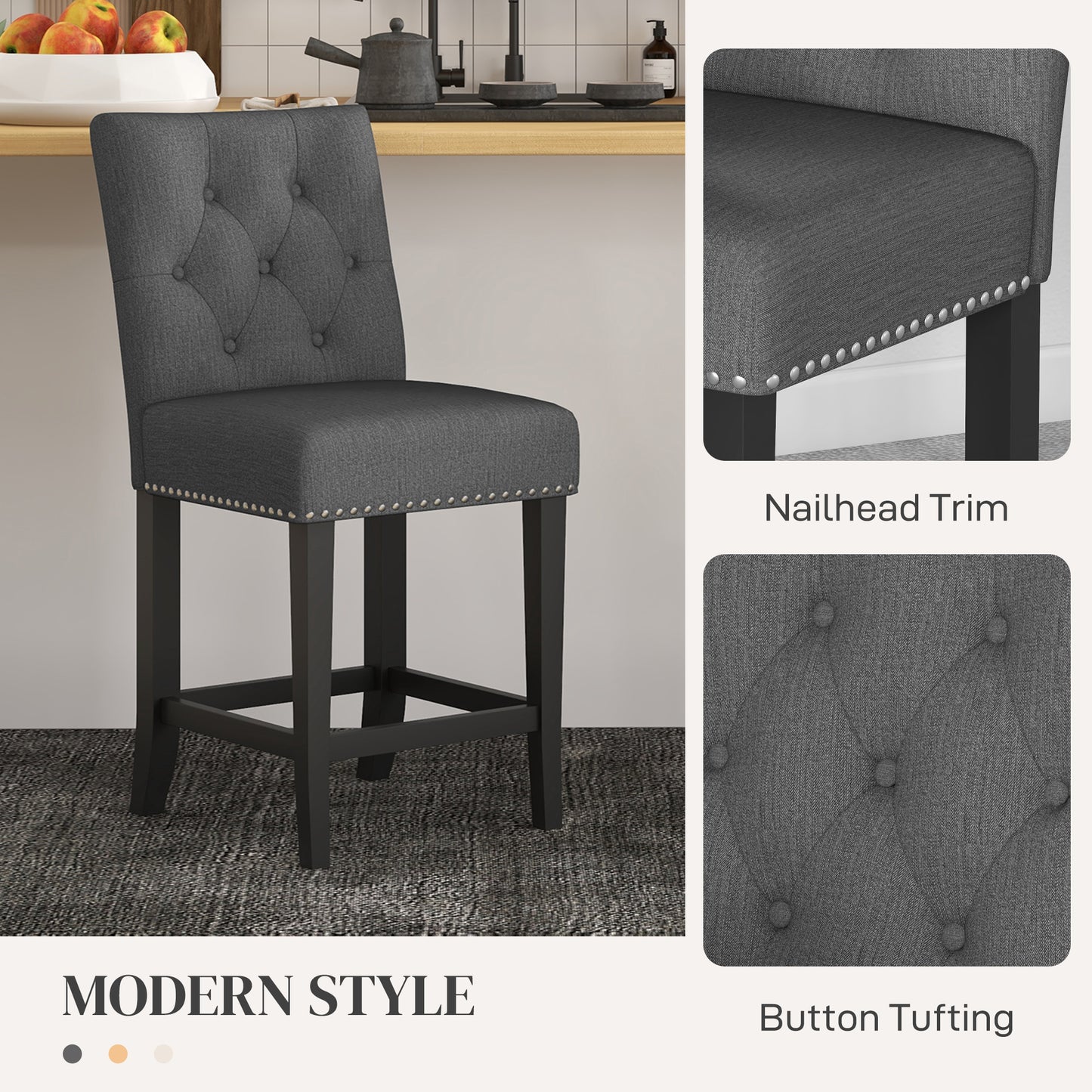 Dark Grey Fabric Bar Stool Set of 2, Seat Height  25.6", with Tufted Back & Wood Legs