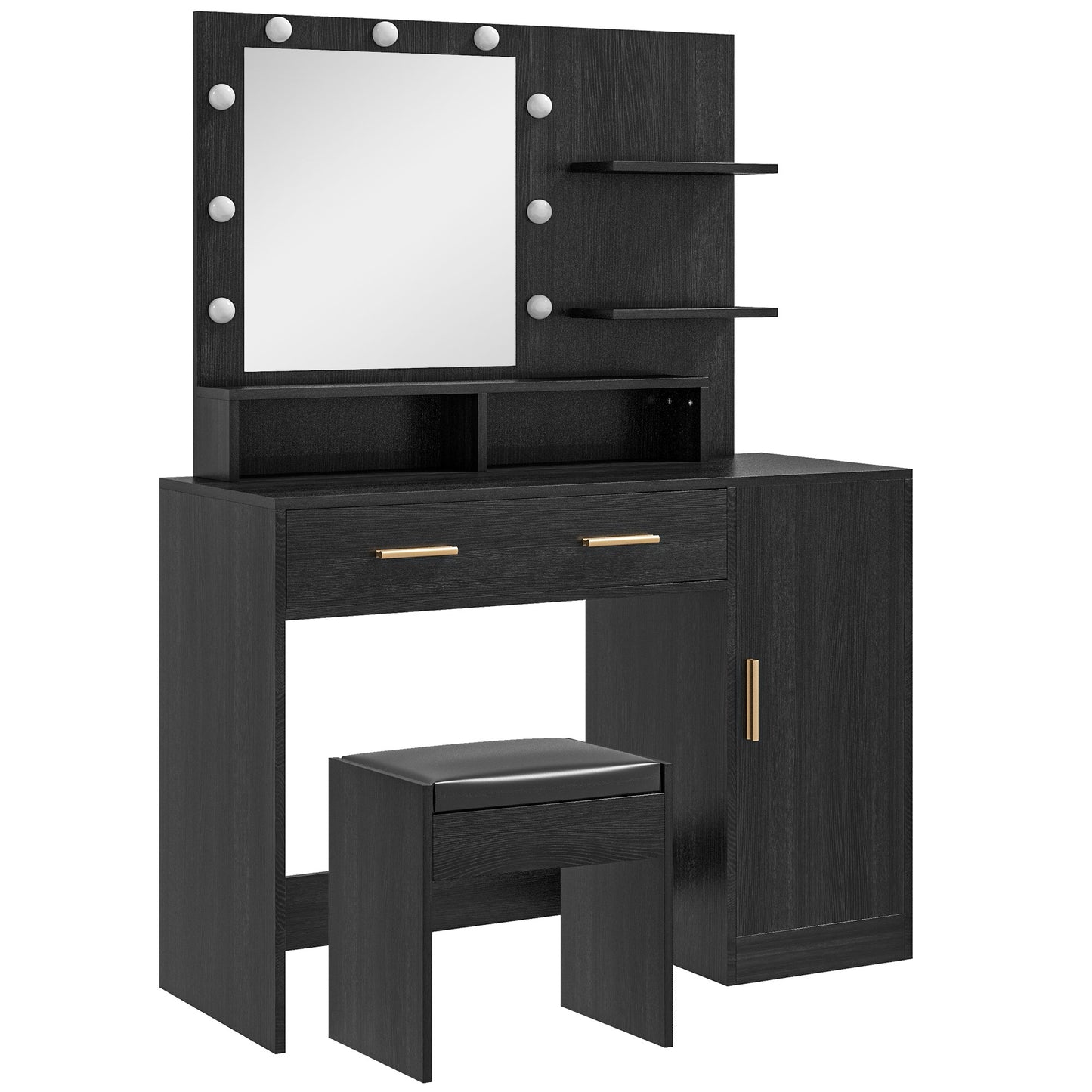 Illuminated Dressing Table Set, LED Vanity Table Set with Stool, LED Mirror, Drawer and Cabinet Shelves for Bedroom