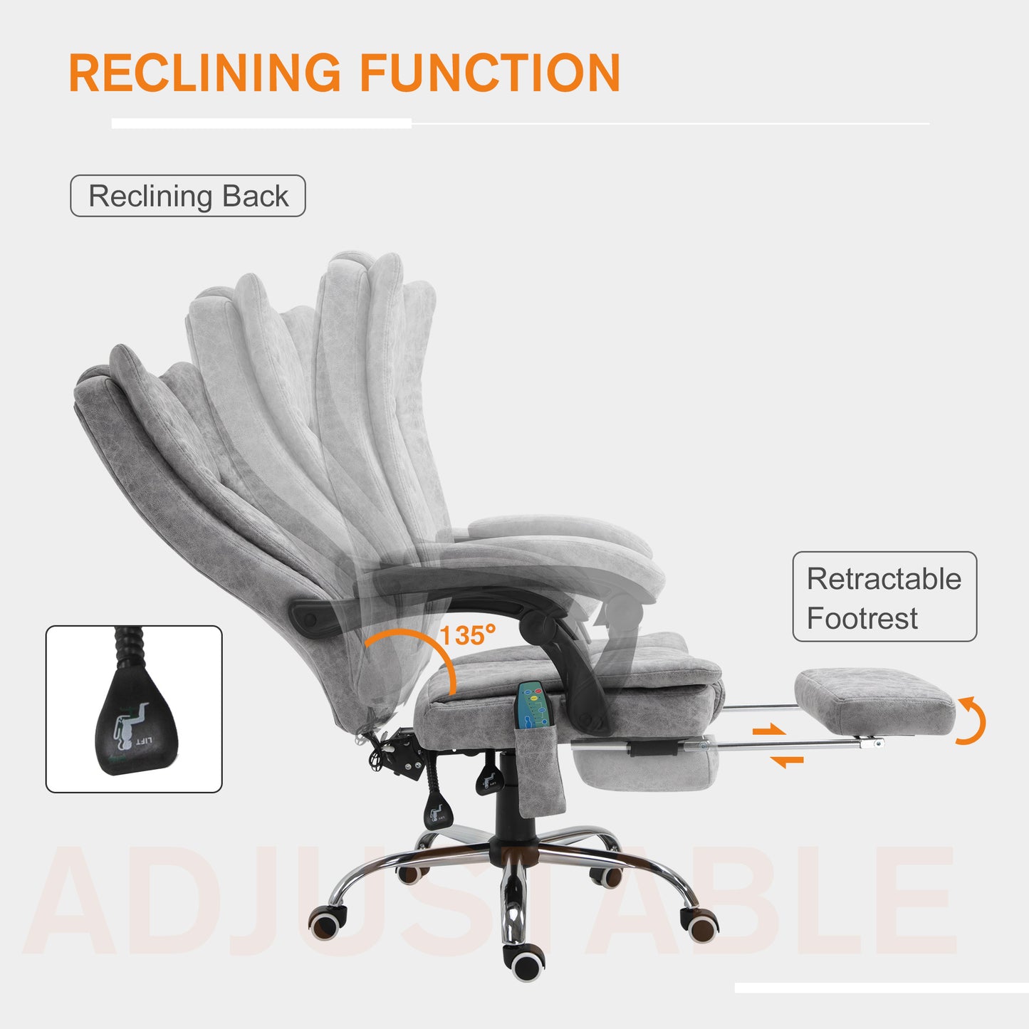 Office Chair 6-point Vibration Massage Chair Micro Fiber Recliner with Retractable Footrest Grey