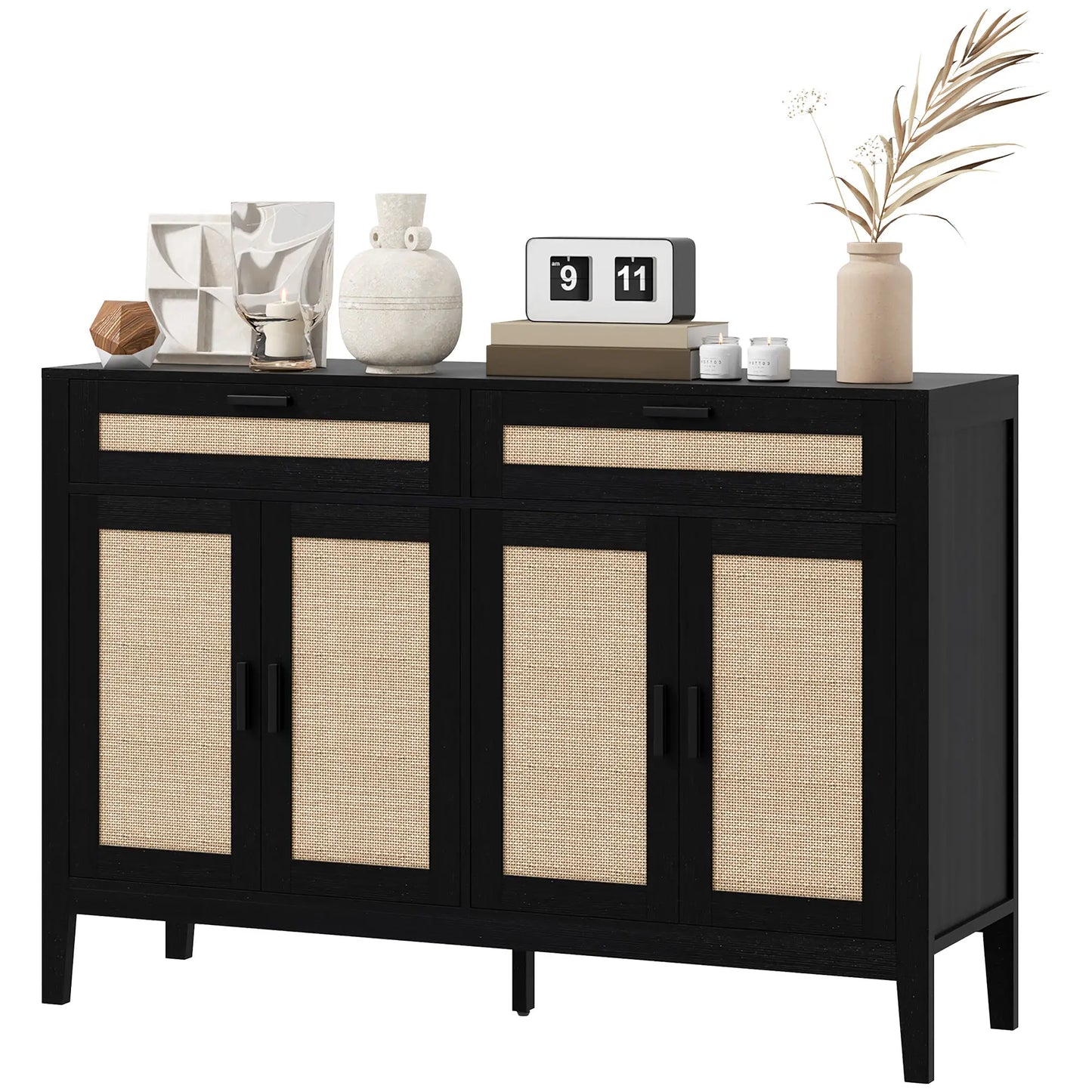 Boho Buffet Sideboard with Decorative Rattan Doors and Drawers, Black