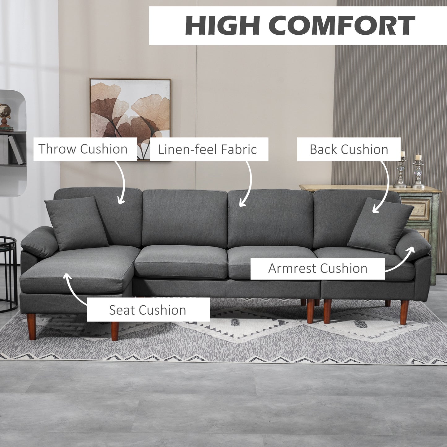 L-Shape Sofa, Modern Sectional Couch with Reversible Chaise Lounge, Pillows and Wooden Legs for Living Room, Dark Grey