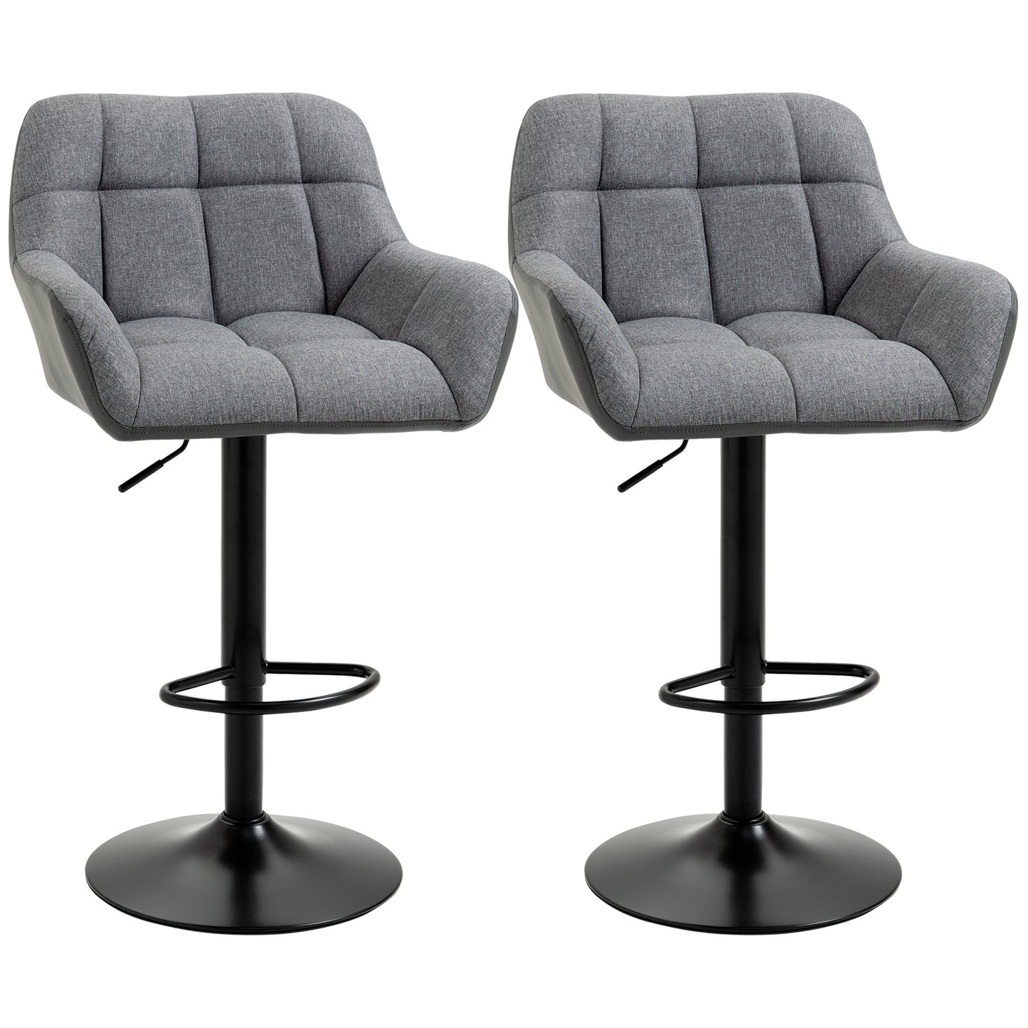 Modern Adjustable Bar Stools Set of 2, Swivel Tufted Fabric Barstools with Footrest, Armrests and PU Leather Back, for Kitchen Counter and Dining Room, Grey