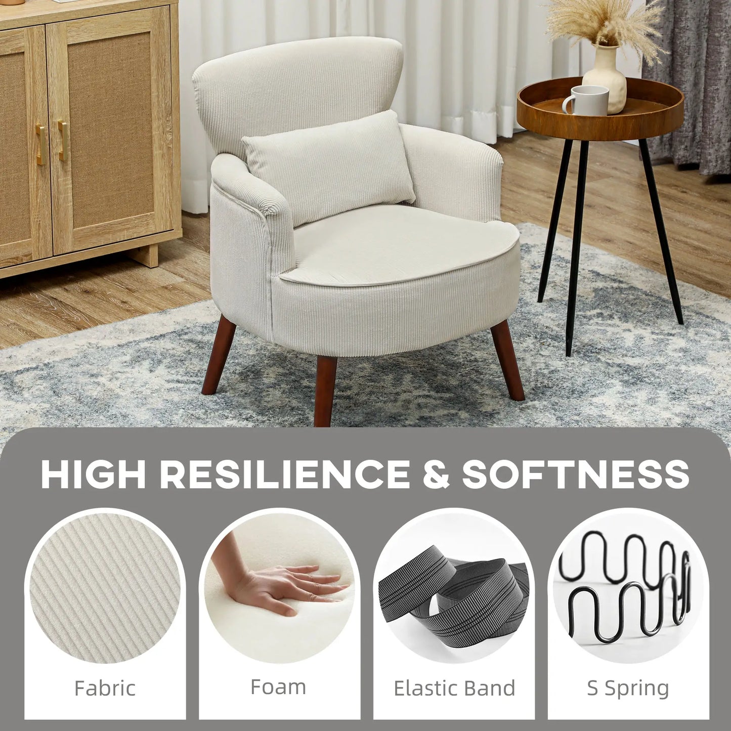 Modern Accent Chair with Solid Wood Legs and Lumbar Pillow for, Cream White