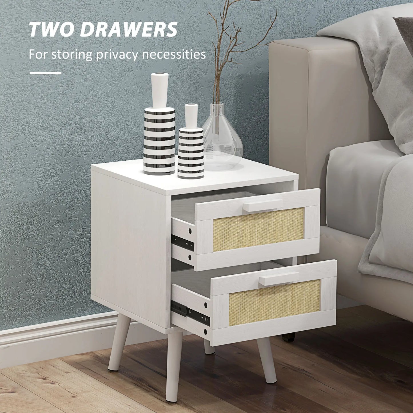 Boho Nightstands Set of 2 with 2 Drawers in White