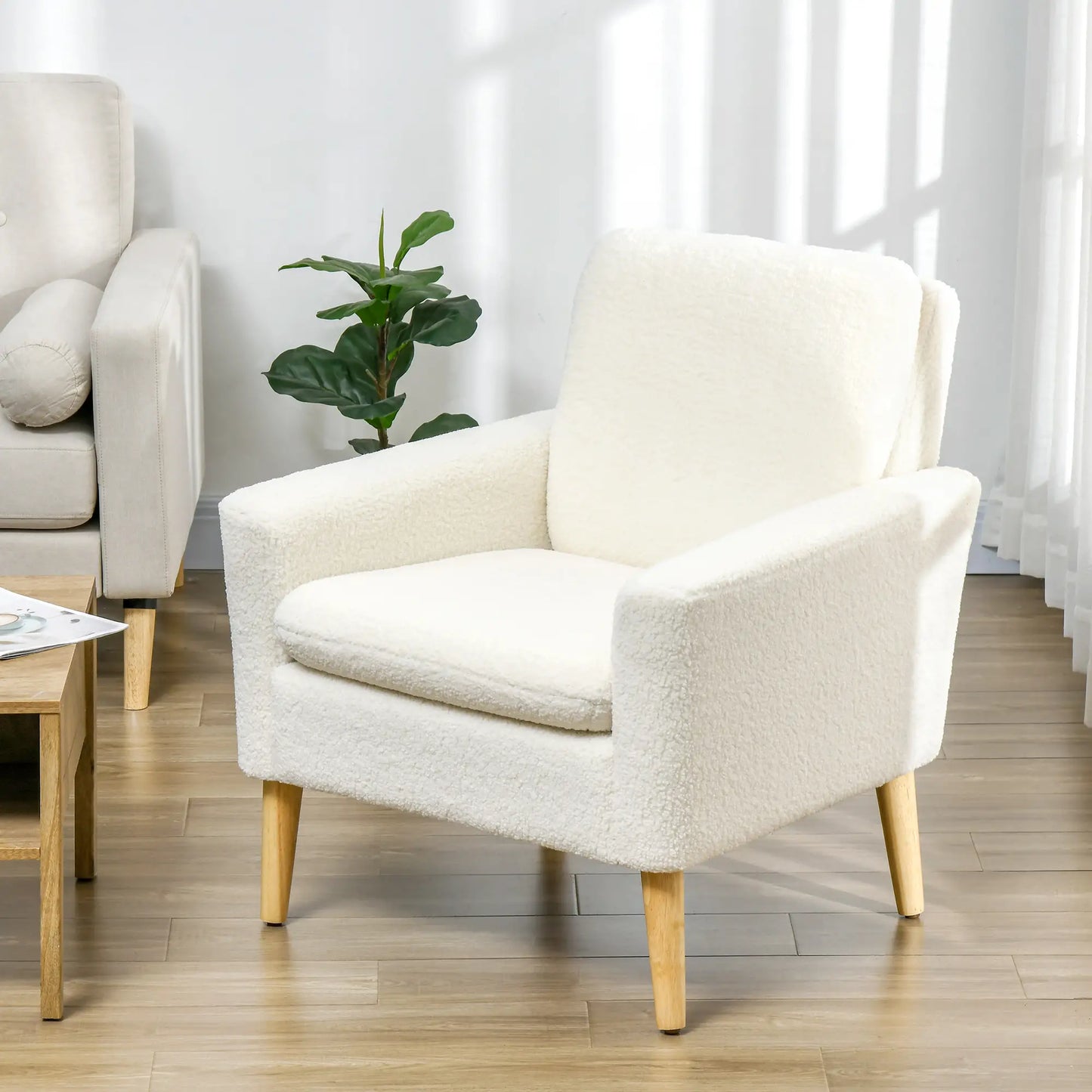 Fabric Accent Chair, Modern Upholstered with Wood Legs and Wide Padded Seat, in Cream White