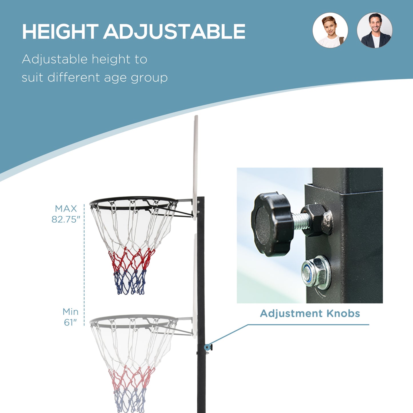 Adjustable 6.3-8.2ft Basketball Hoop System Outdoor Indoor Junior Basketball Stand Team Sport for Kids Youth W/ Wheels for Easy Removable